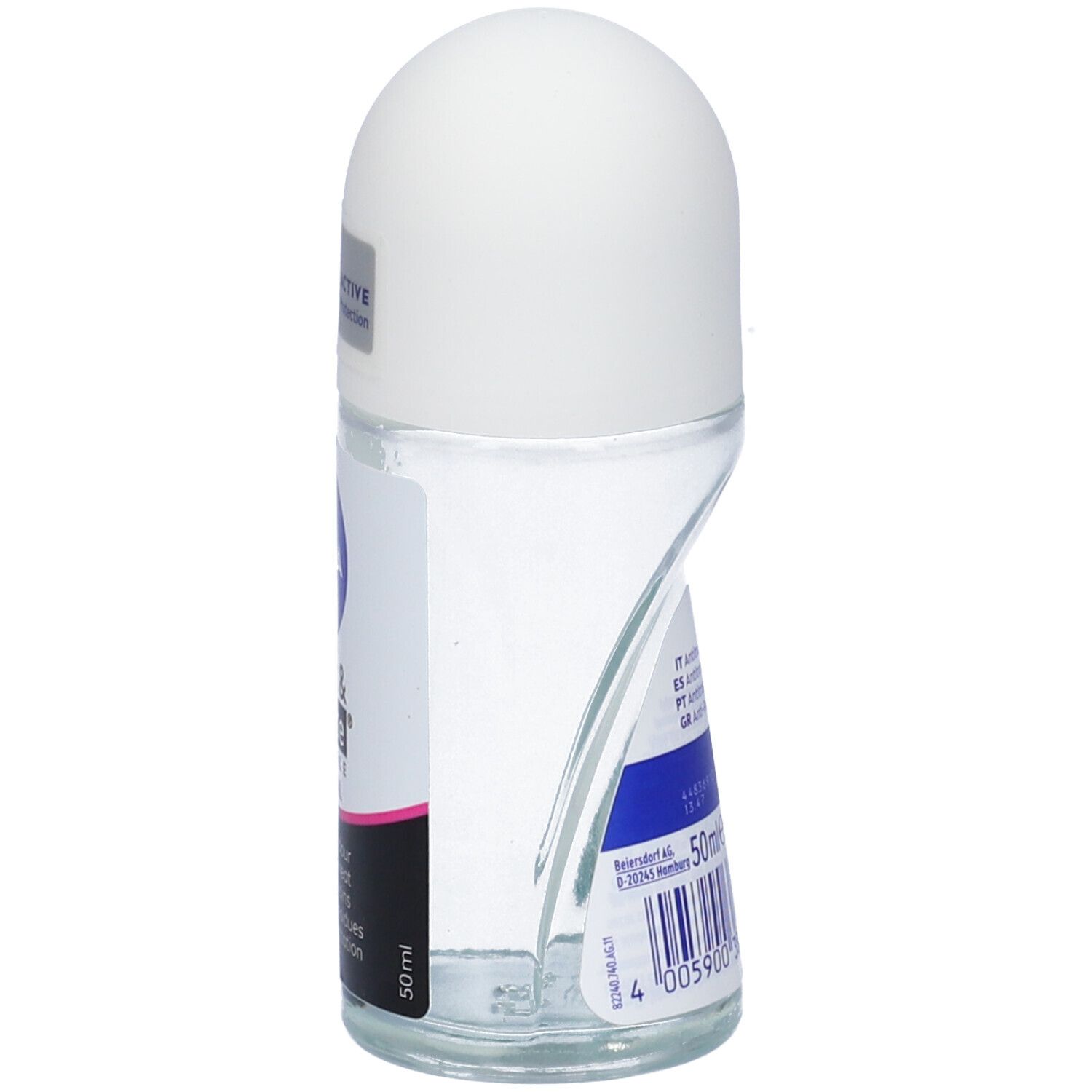 Roll-on Nivea Black & White Invisible Original. Vista laterale. Tappo bianco, flacone trasparente, testo blu.