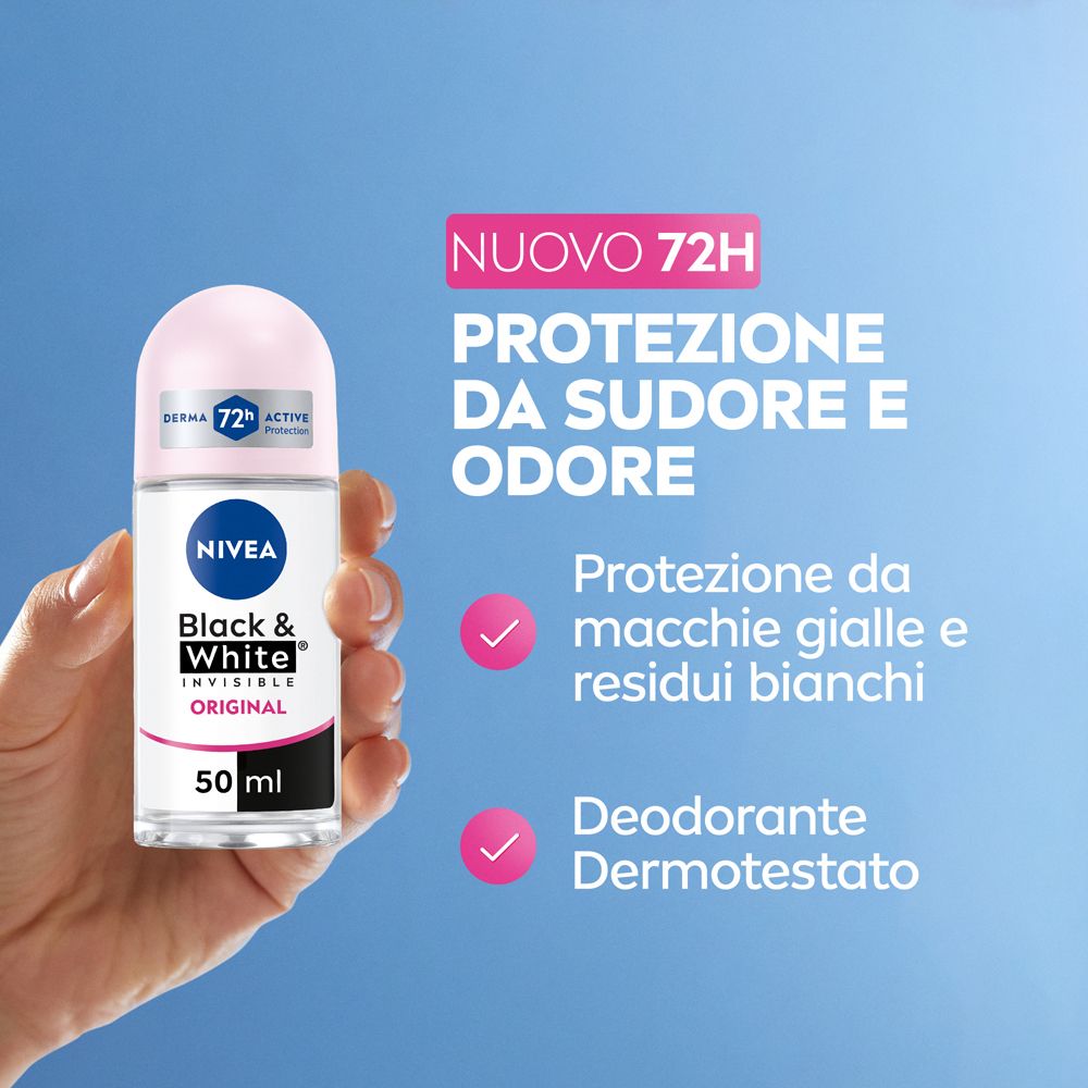 Roll-on Nivea Black & White Invisible Original in mano. Testo: Protezione da sudore e odore, no macchie gialle.