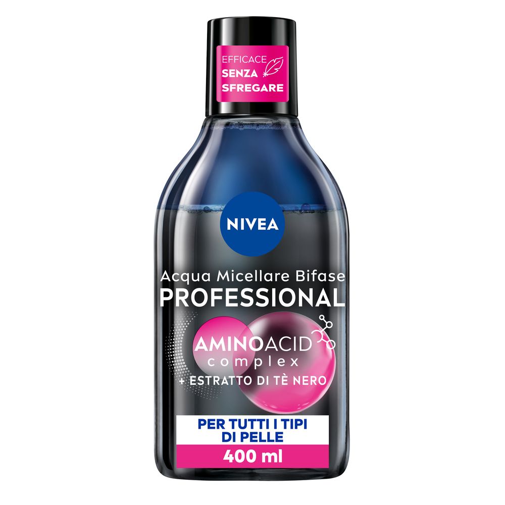 Flacone Nivea Acqua Micellare Bifase Professional. Liquido blu, etichetta rosa con testo.
