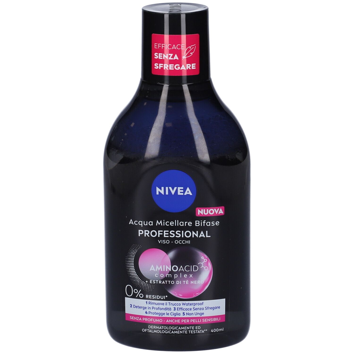 Flacone Nivea Acqua Micellare Bifase Professional. Etichetta rosa con testo. 0% residui.