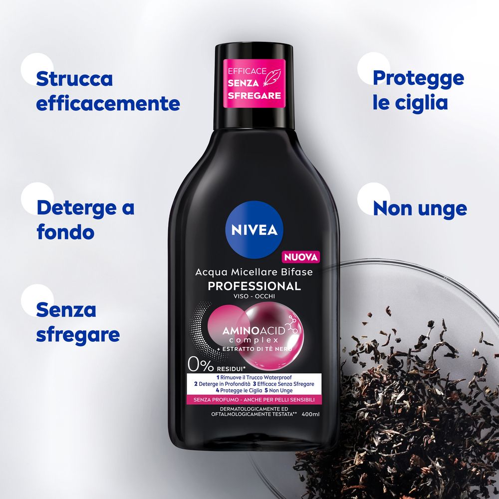 Flacone Nivea Acqua Micellare Bifase Professional. Testo: Strucca efficacemente, Deterge a fondo, Senza sfregare, Protegge le ciglia, Non unge.