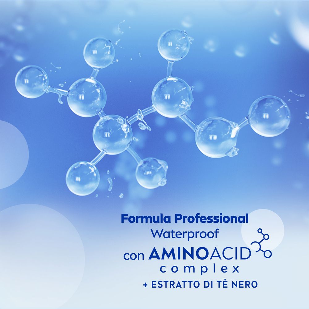 Struttura molecolare con testo: Formula Professional Waterproof con AMINO ACID complex + ESTRATTO DI TÈ NERO.