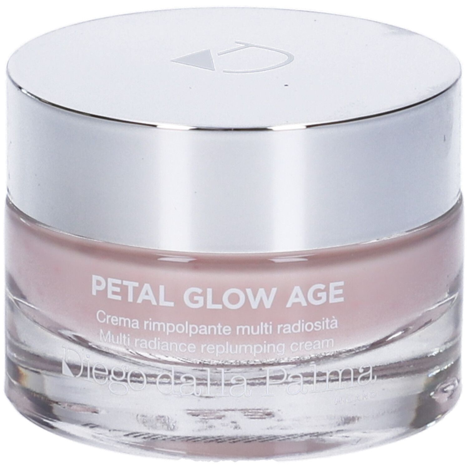 Crema in vasetto di vetro con coperchio argentato. Scritta: Petal Glow Age, Multi Radiance Replumping Cream. Marchio: Diego dalla Palma.