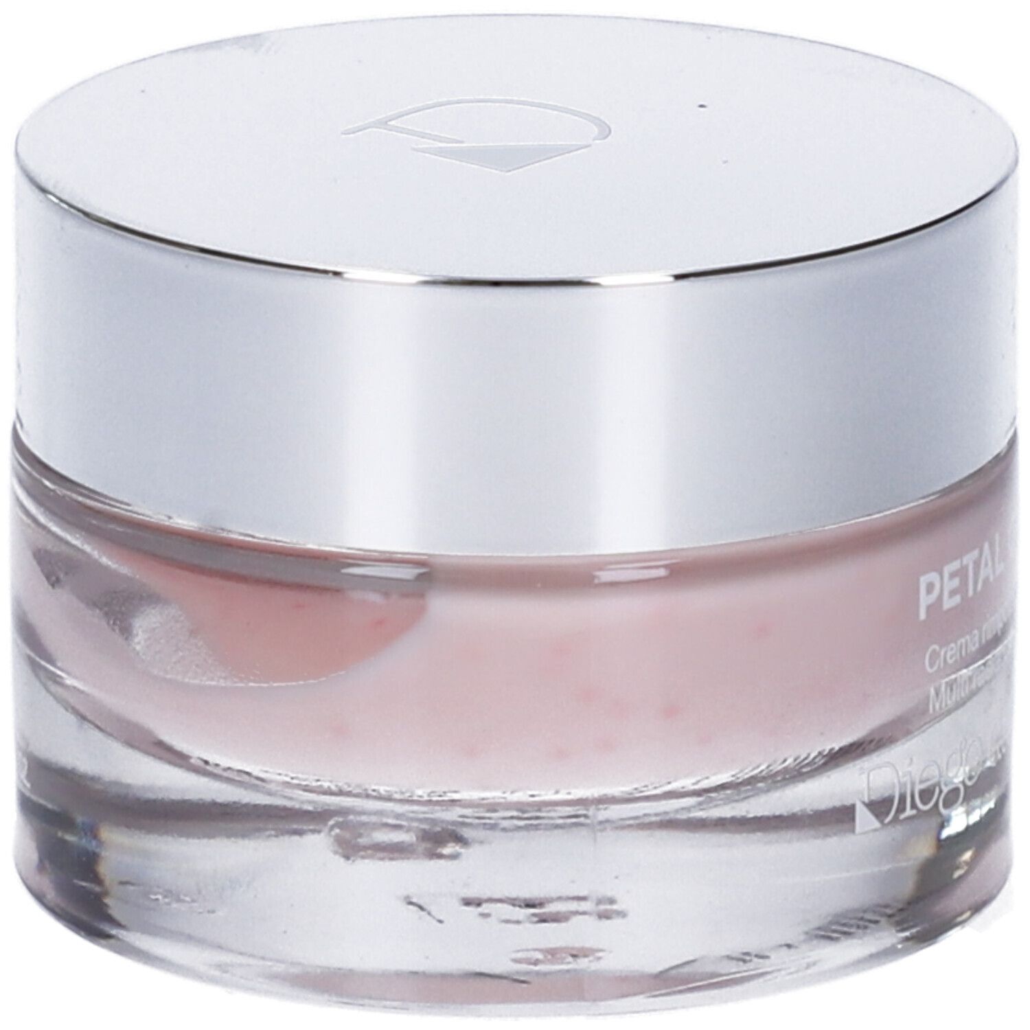 Crema in vasetto di vetro con coperchio argentato. Crema rosa visibile. Marchio: Diego dalla Palma.
