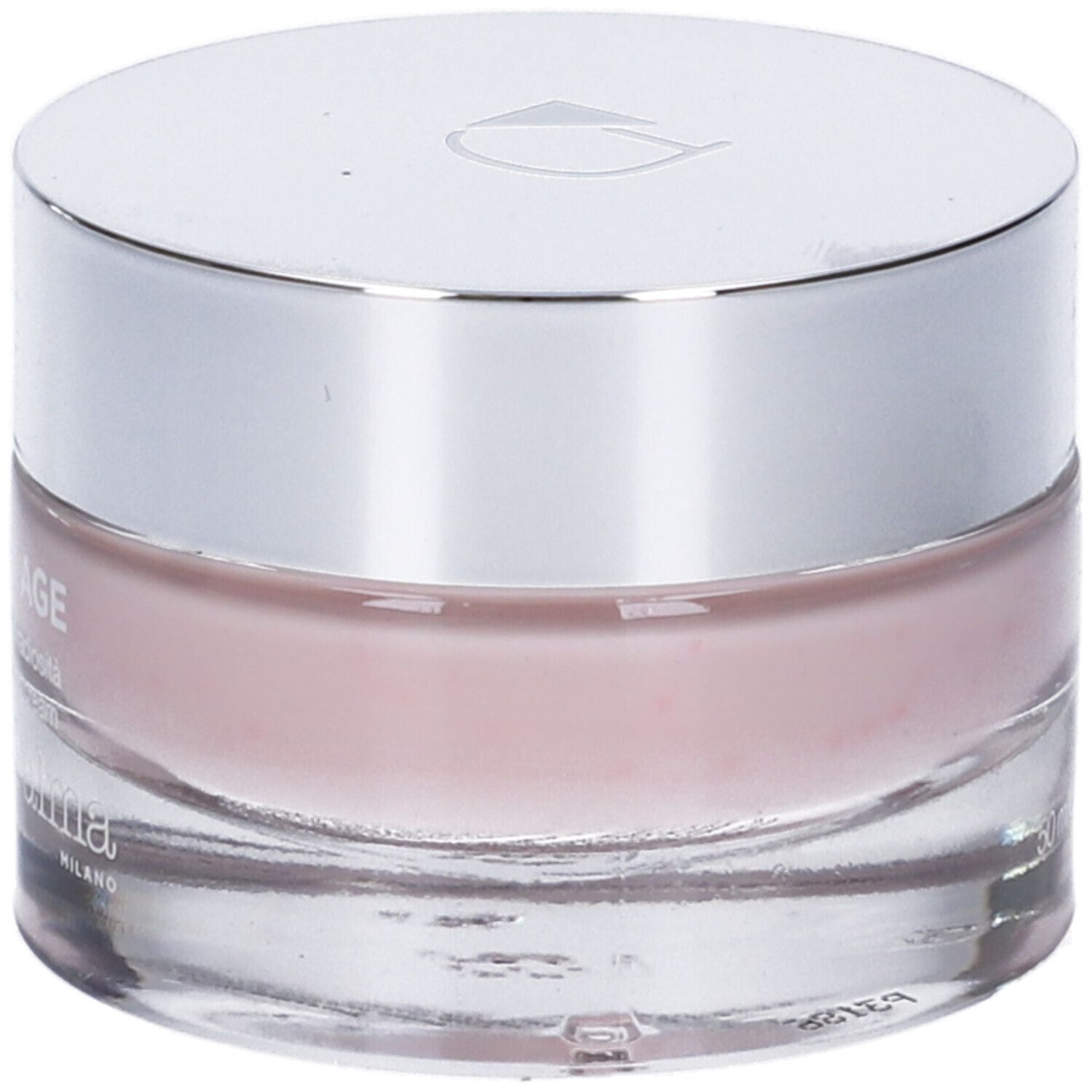 Crema in vasetto di vetro con coperchio argentato. Crema rosa visibile. Marchio: Diego dalla Palma.