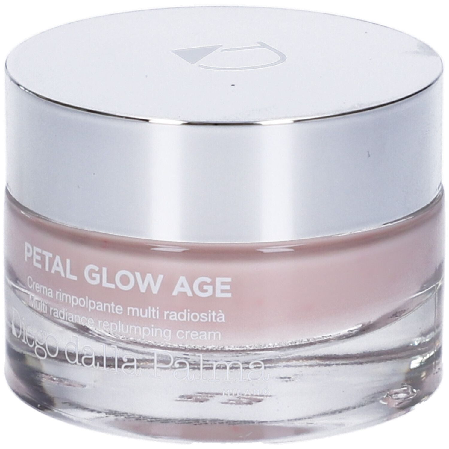 Crema in vasetto di vetro con coperchio argentato. Scritta: Petal Glow Age, Multi Radiance Replumping Cream. Marchio: Diego dalla Palma.