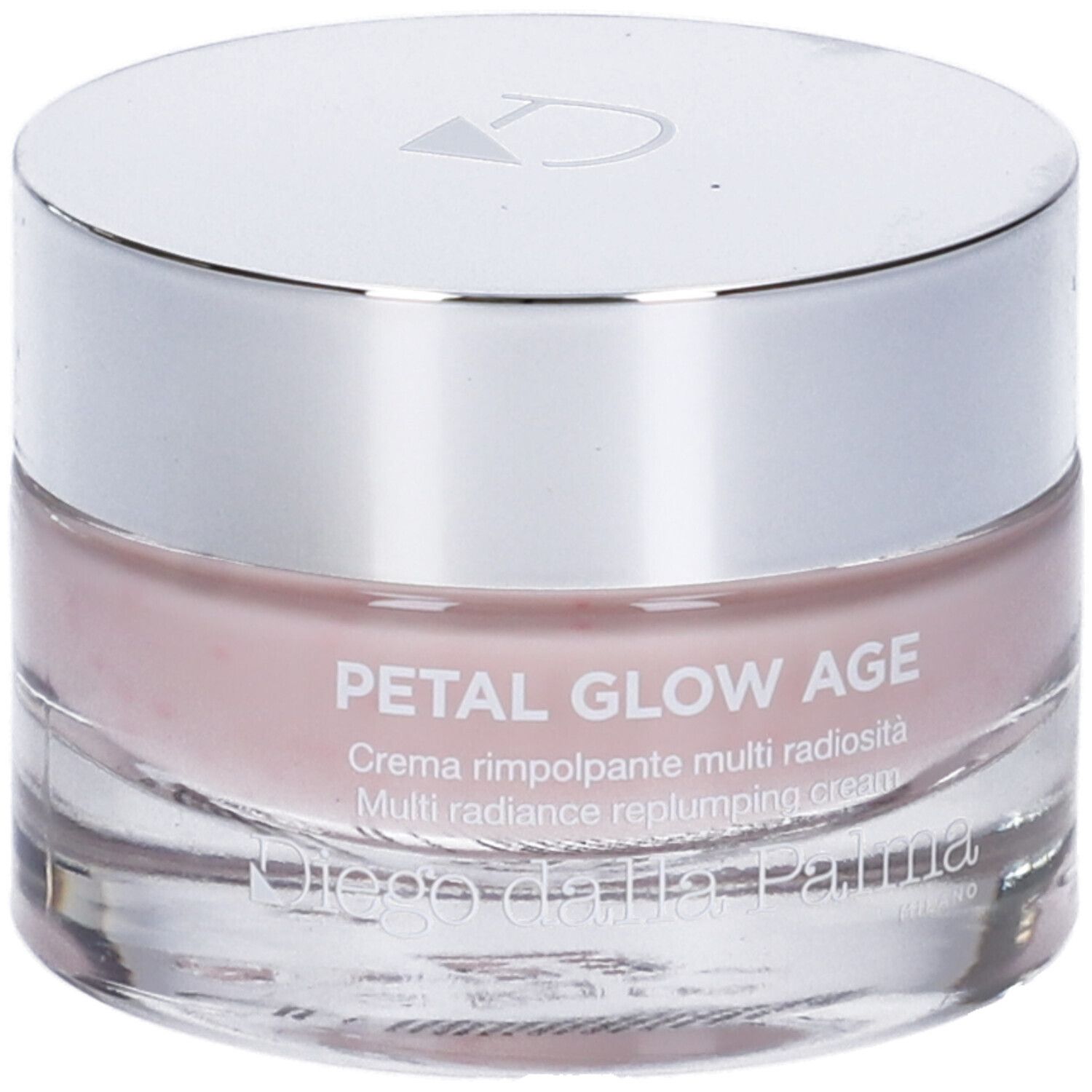 Crema in vasetto di vetro con coperchio argentato. Scritta: Petal Glow Age, Multi Radiance Replumping Cream. Marchio: Diego dalla Palma.
