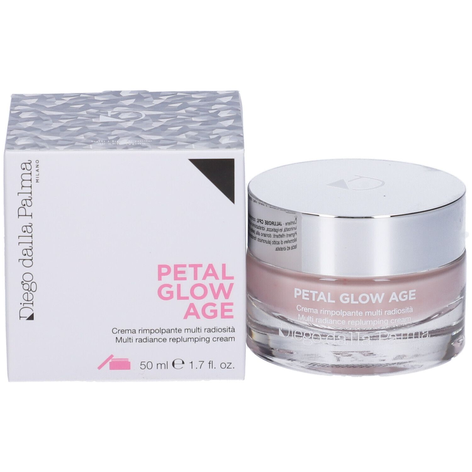 Confezione del prodotto con crema e scatola. Scritta: Petal Glow Age, Multi Radiance Replumping Cream. Marchio: Diego dalla Palma. 50 ml.