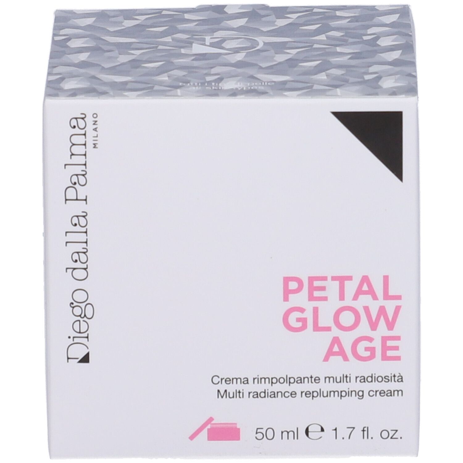 Confezione del prodotto con scatola. Scritta: Petal Glow Age, Multi Radiance Replumping Cream. Marchio: Diego dalla Palma. 50 ml.