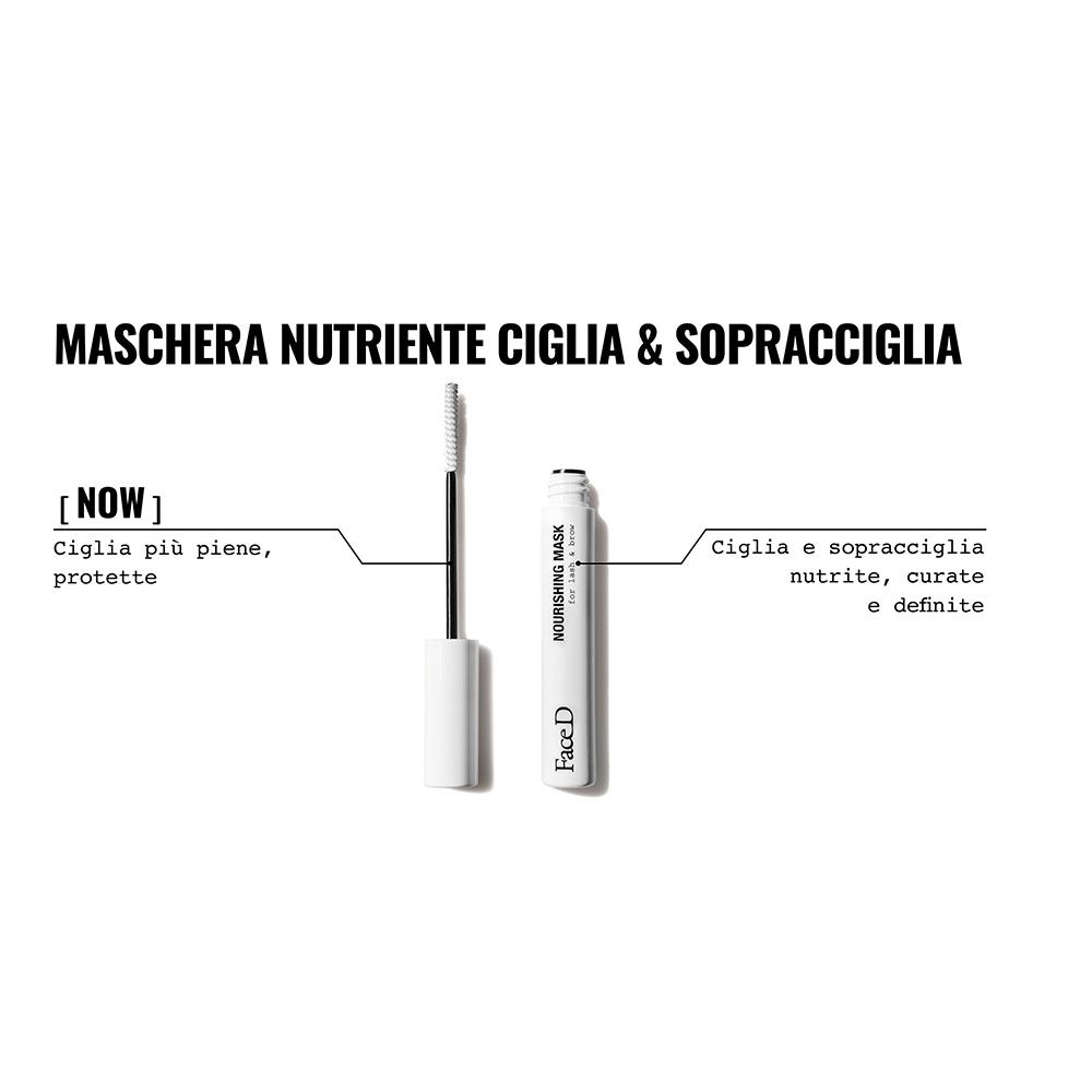 Produkt mit Text: Ciglia più piene, protette. Ciglia e sopracciglia nutrite, curate e definite. Produktname: Nourishing Mask.