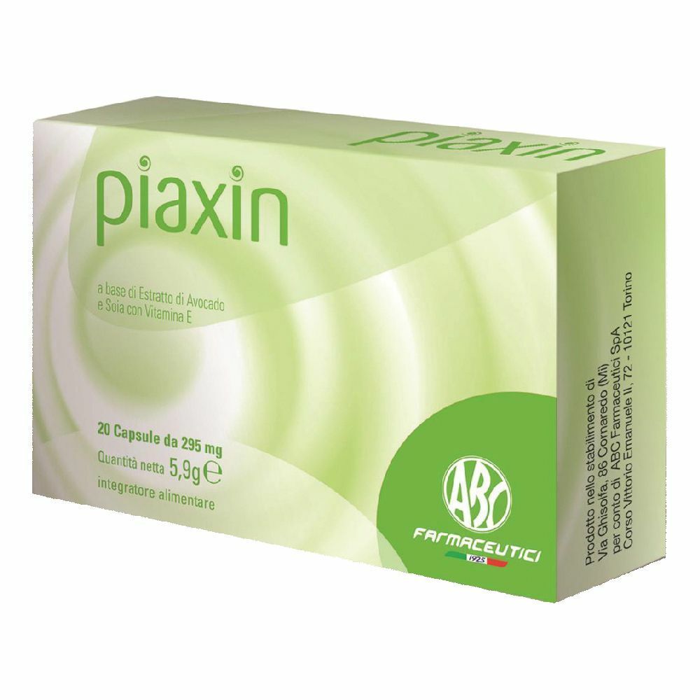 Confezione Piaxin, verde e bianca, testo e logo. Contiene 20 capsule. Logo ABC Farmaceutici.