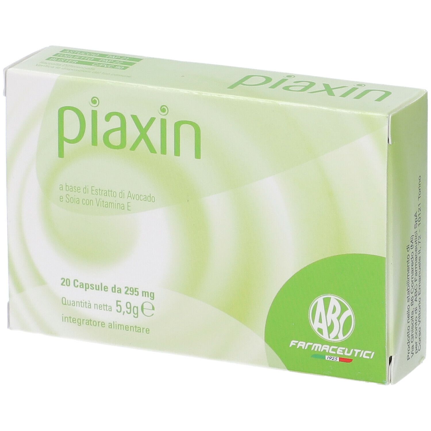 Confezione Piaxin, verde e bianca, testo e logo. Contiene 20 capsule. Logo ABC Farmaceutici.