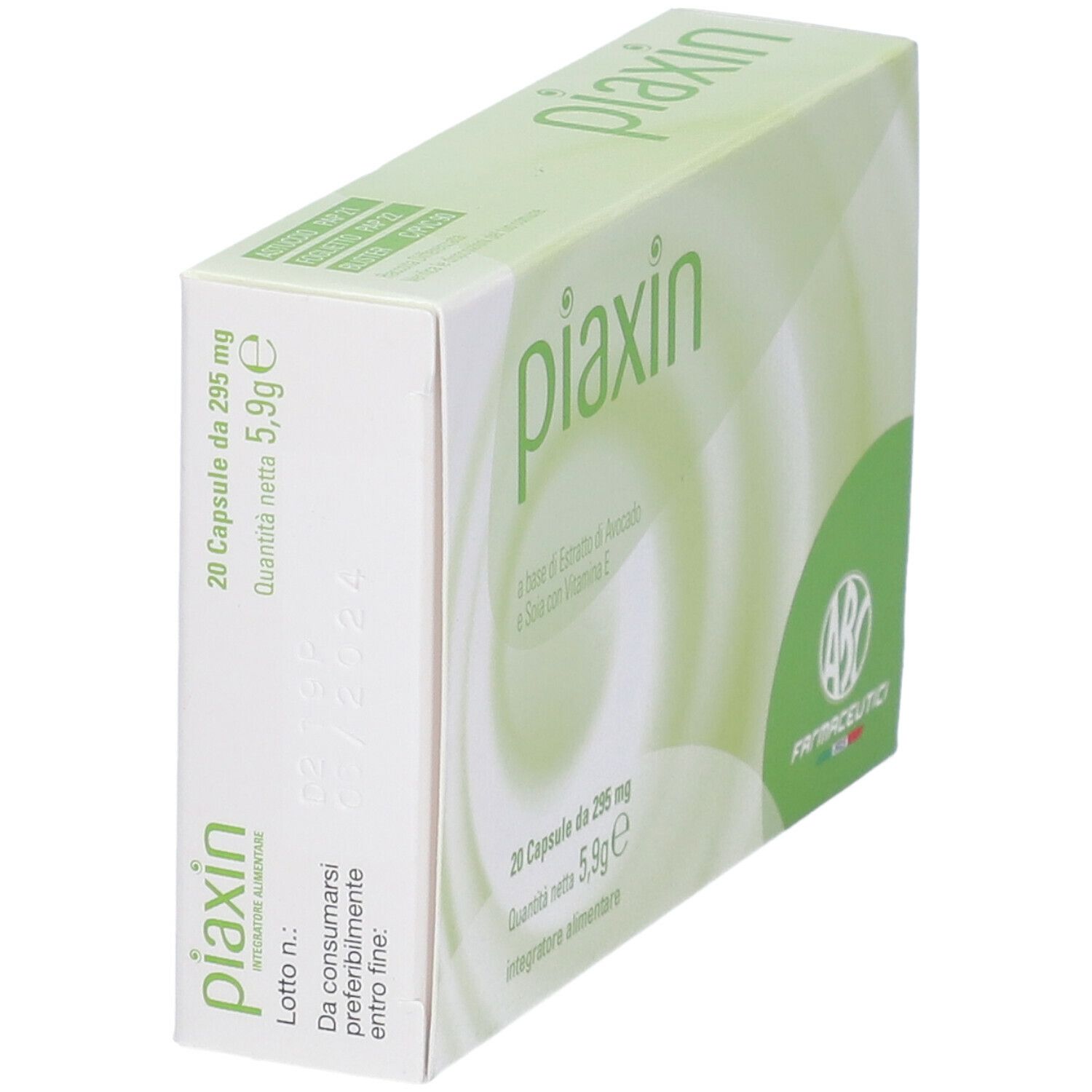 Confezione Piaxin, verde e bianca, testo e logo. Contiene 20 capsule. Logo ABC Farmaceutici.