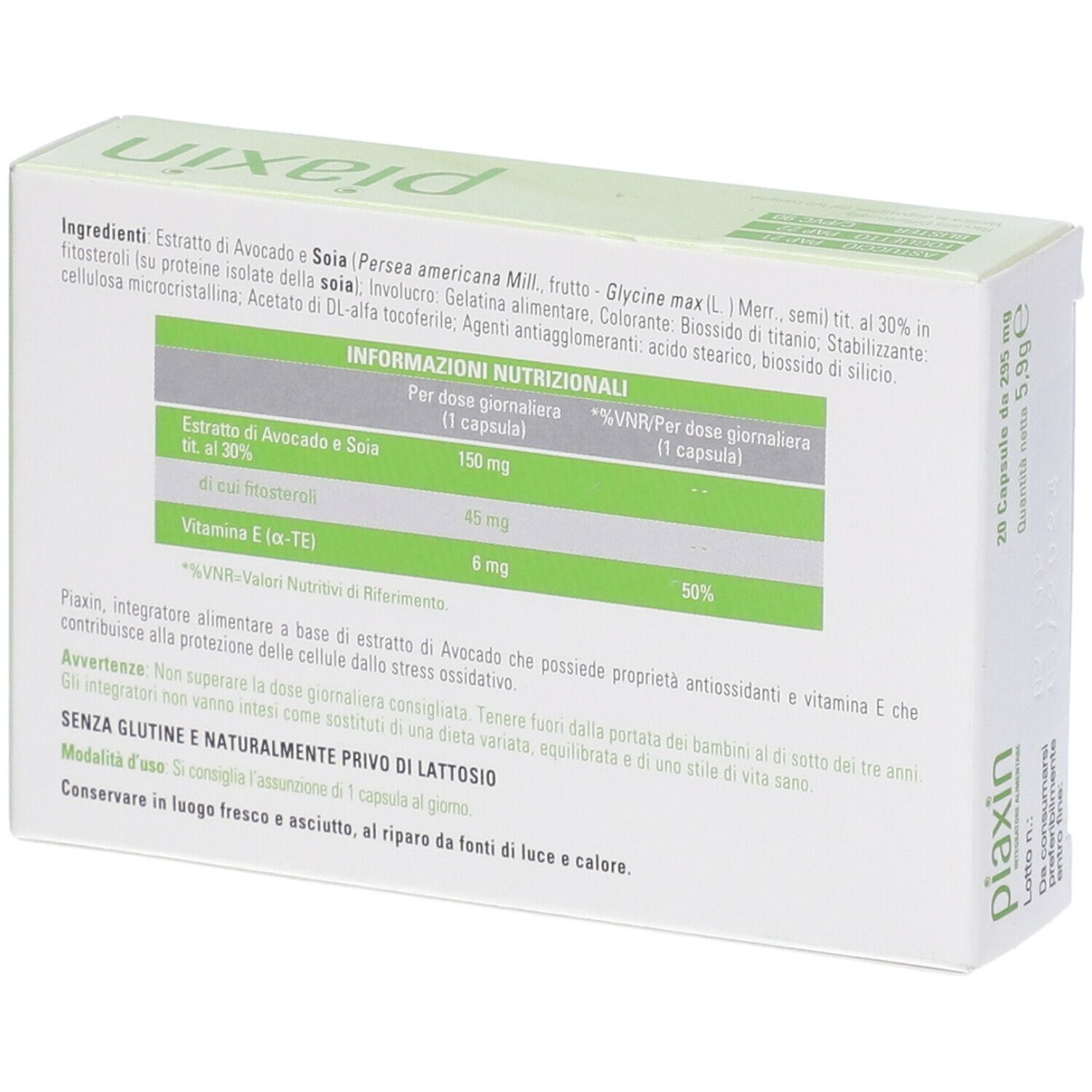 Confezione Piaxin, verde e bianca, testo e logo. Contiene 20 capsule. Logo ABC Farmaceutici.