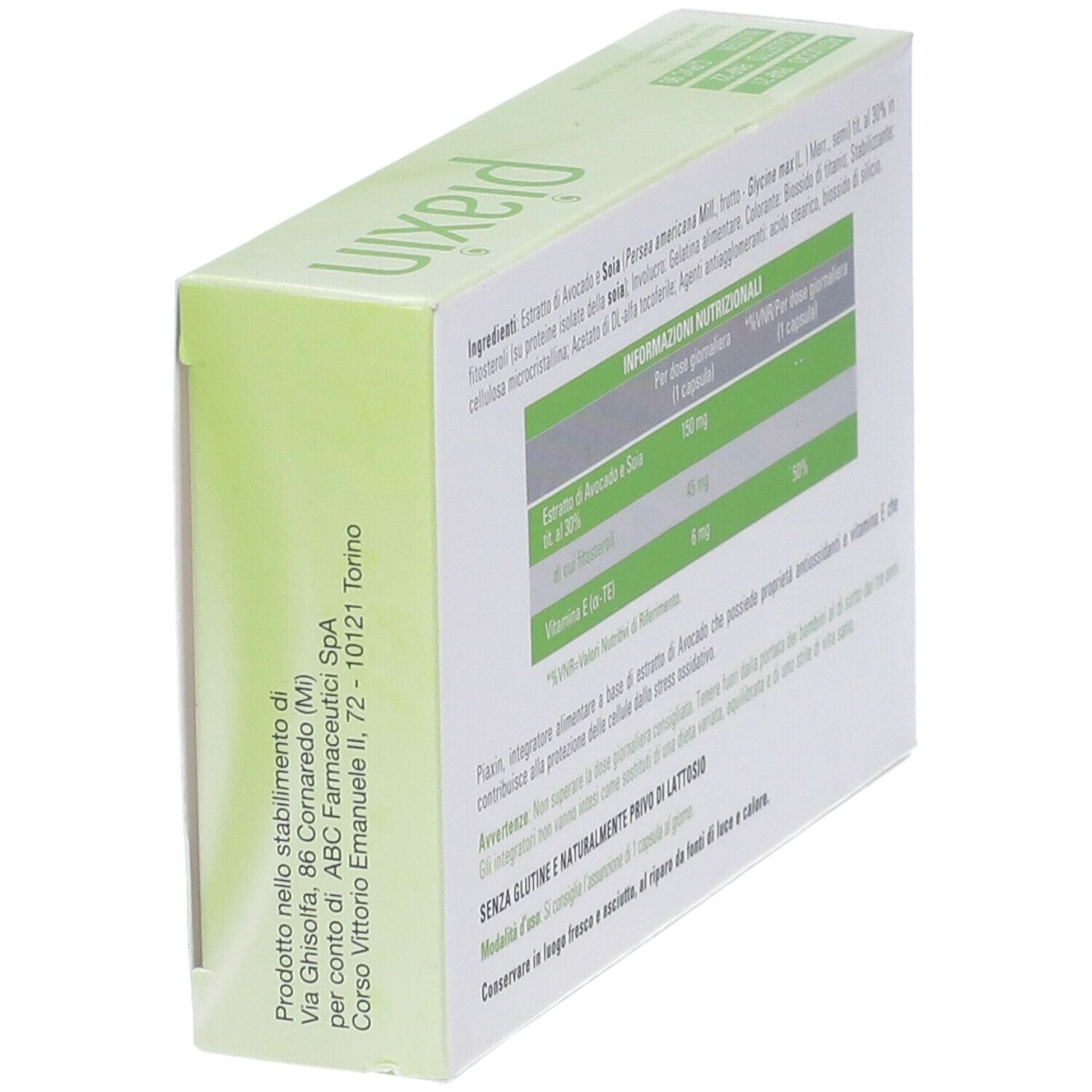 Confezione Piaxin, verde e bianca, testo e logo. Contiene 20 capsule. Logo ABC Farmaceutici.