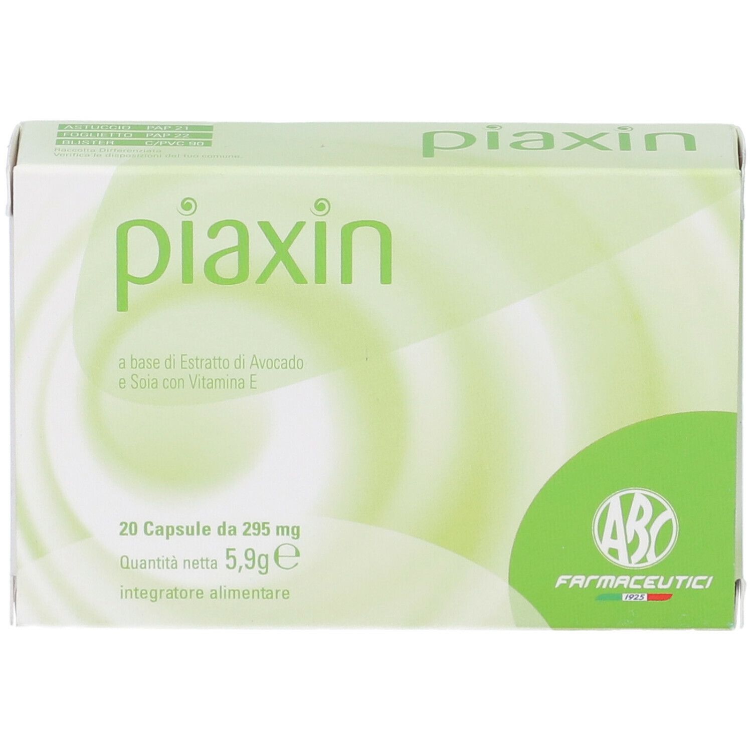 Confezione Piaxin, verde e bianca, testo e logo. Contiene 20 capsule. Logo ABC Farmaceutici.