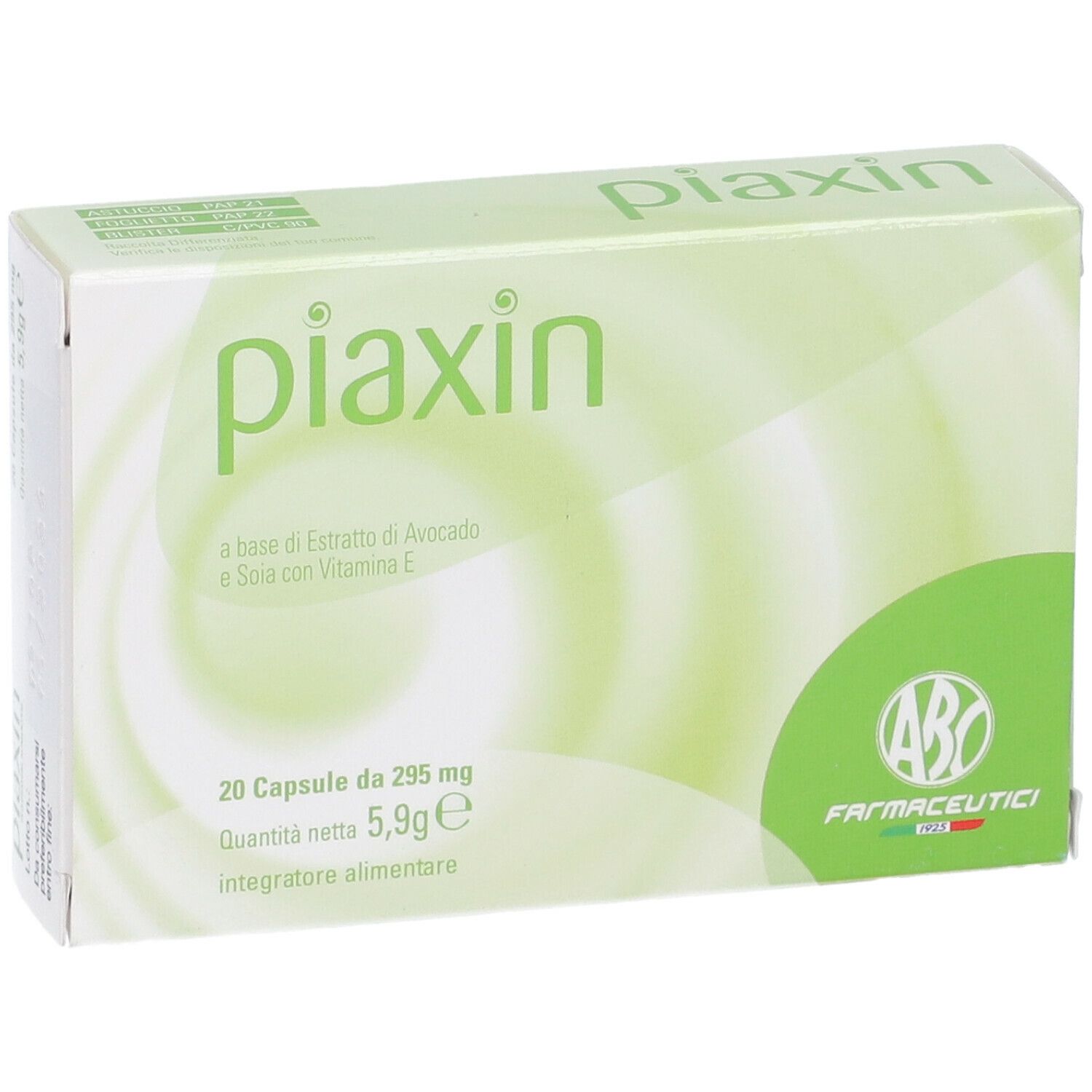 Confezione Piaxin, verde e bianca, testo e logo. Contiene 20 capsule. Logo ABC Farmaceutici.
