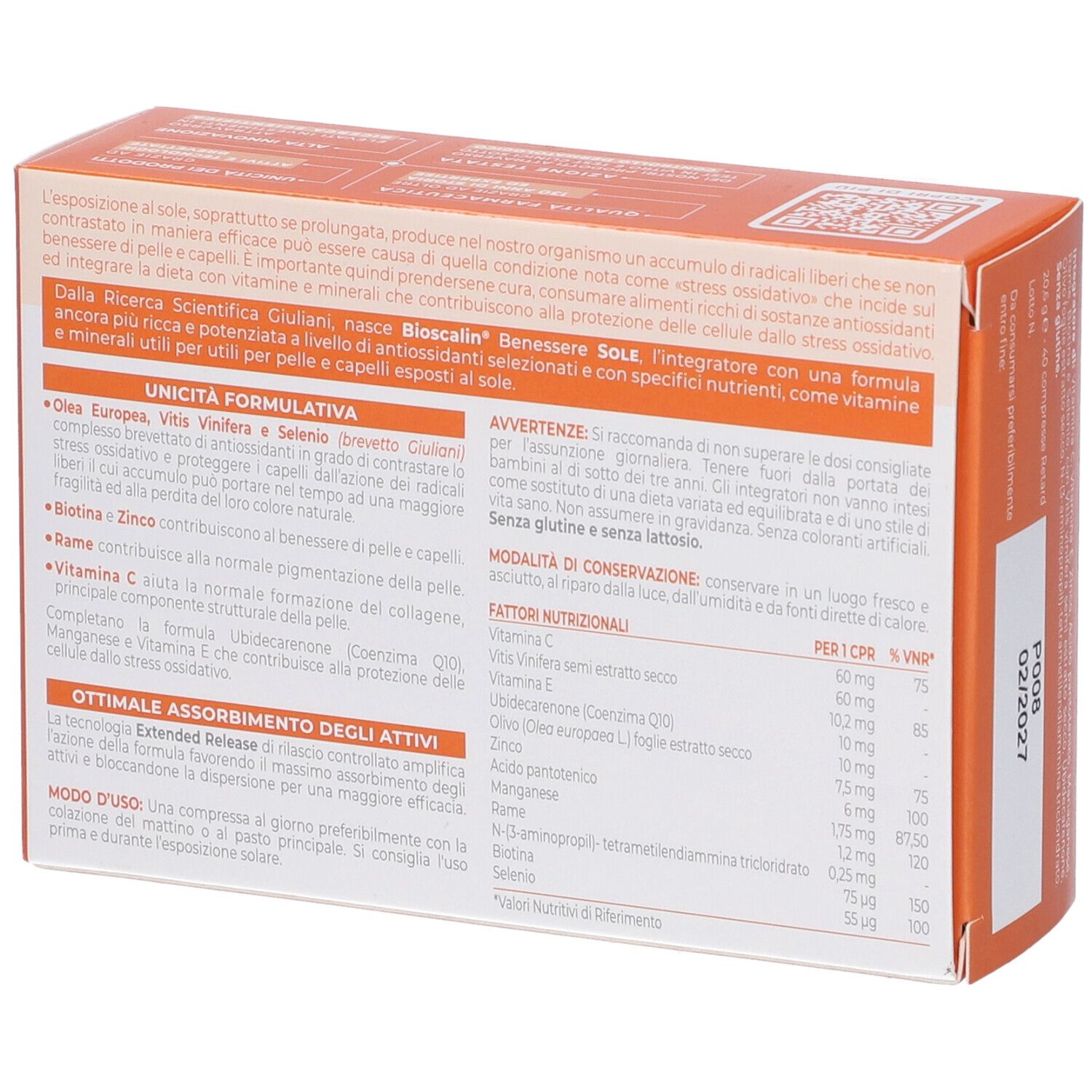 Confezione Bioscalin Benessere Sole. Retro con ingredienti e informazioni nutrizionali. Testo in italiano.
