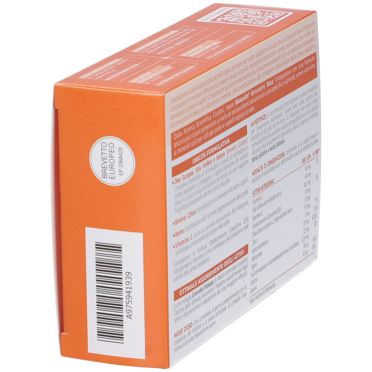 Confezione Bioscalin Benessere Sole, vista obliqua. Retro con testo e logo. Imballaggio.