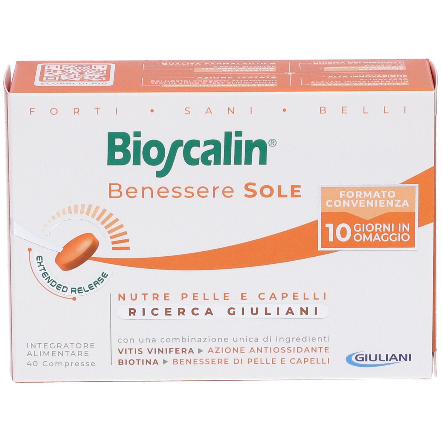 Confezione Bioscalin Benessere Sole. Scatola arancione e bianca con nome prodotto e immagine compressa. 40 compresse.