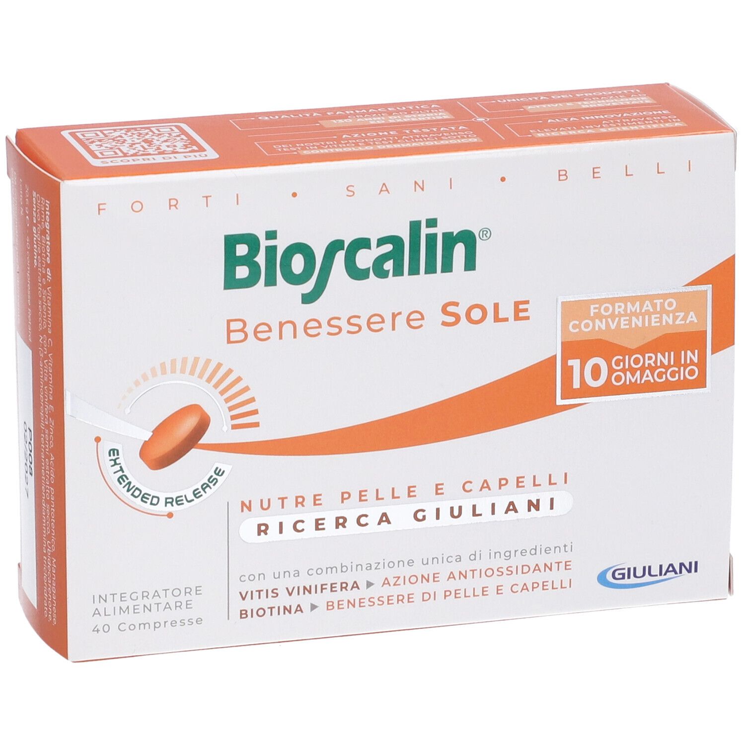 Confezione Bioscalin Benessere Sole. Scatola arancione e bianca con nome prodotto e immagine compressa. 40 compresse.