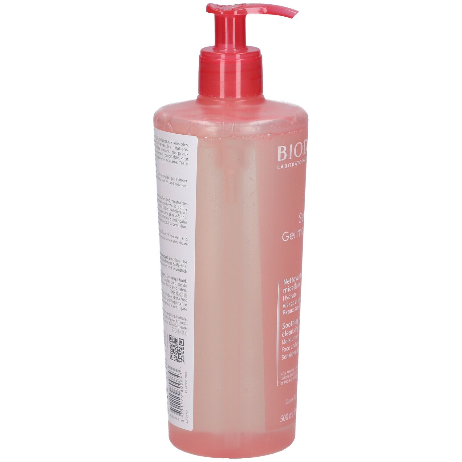 Flacone rosa con dosatore rosso. Retro con testo. Scritta: BIODERMA, Sensibio Gel moussant. Codice QR.