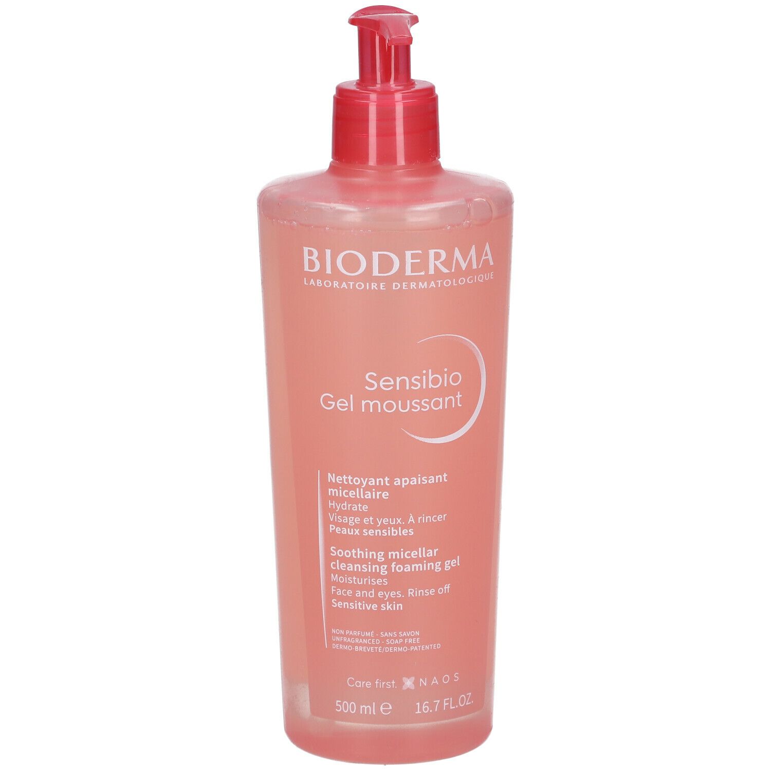 Flacone rosa con dosatore rosso. Scritta: BIODERMA, Sensibio Gel moussant. Testo in francese e inglese.