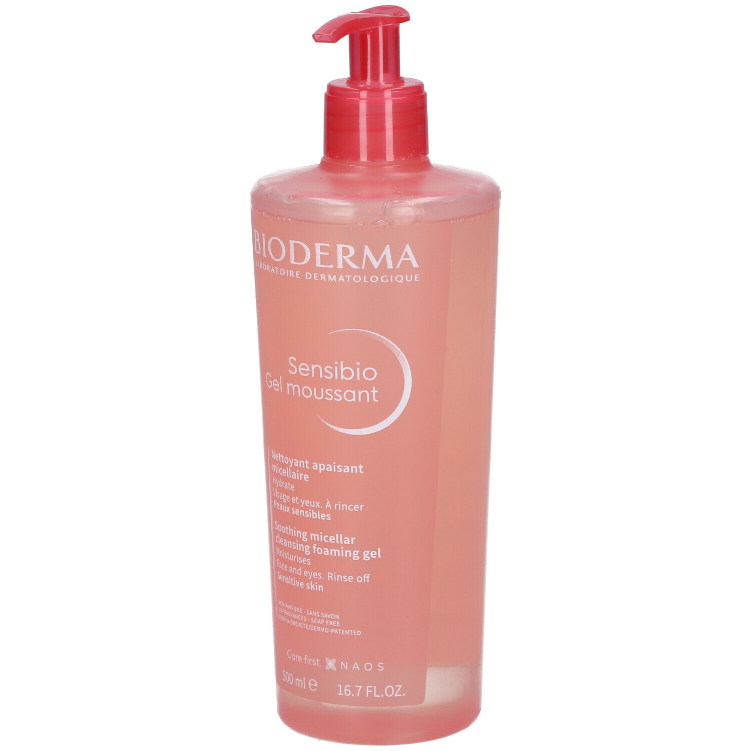 Flacone rosa con dosatore rosso. Scritta: BIODERMA, Sensibio Gel moussant. Testo in francese e inglese.