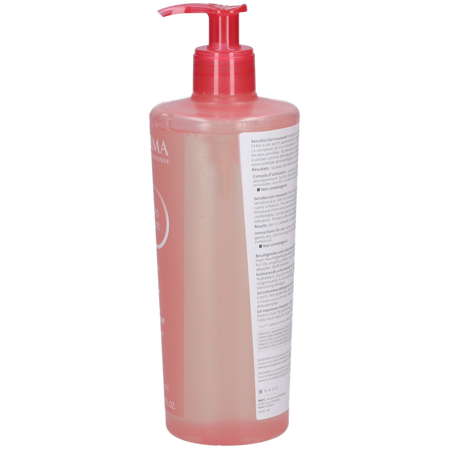 Flacone rosa con dosatore rosso. Scritta: BIODERMA, Sensibio Gel moussant. Testo sul retro.