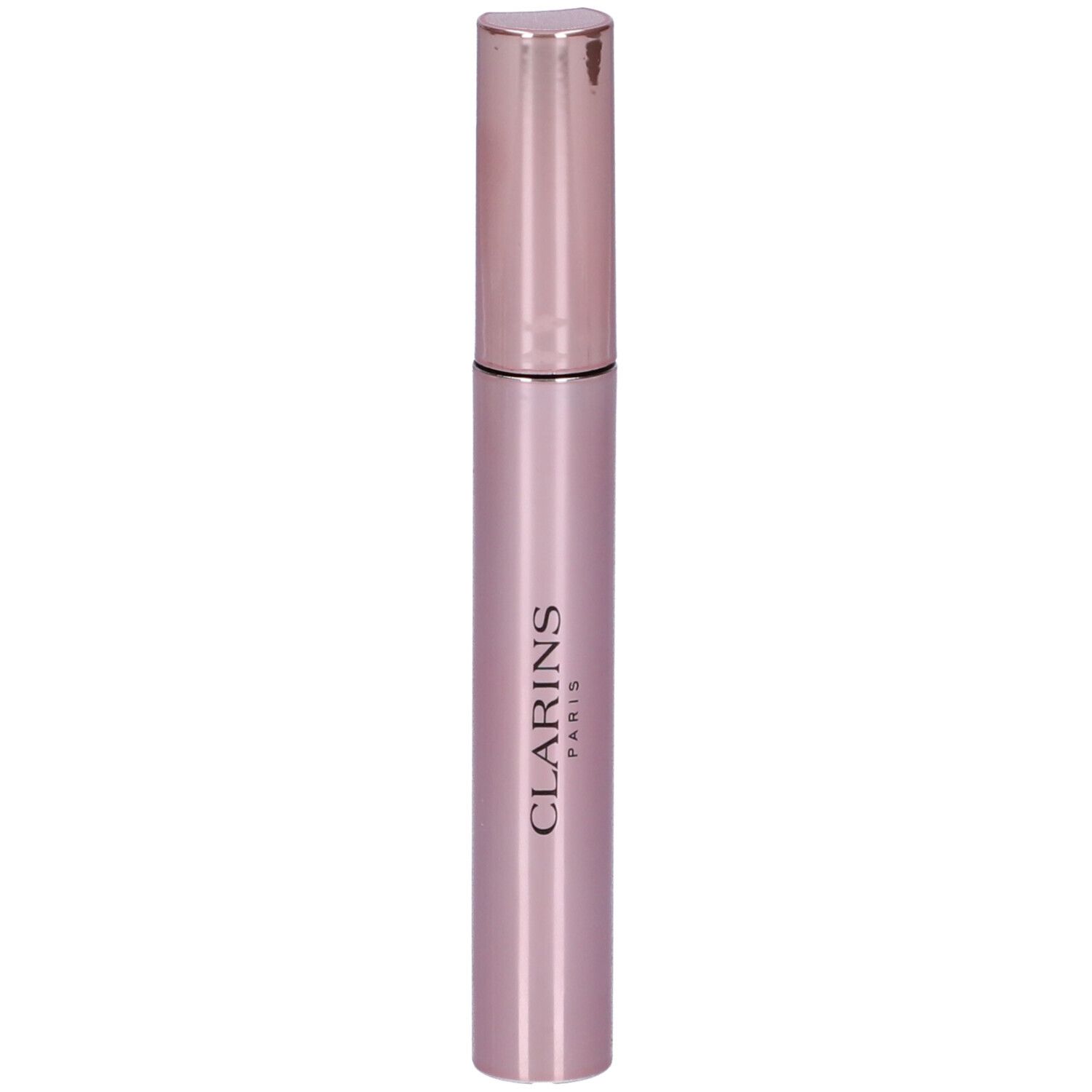 Tubo di mascara rosa con tappo color oro rosa. Scritta: Clarins Paris.
