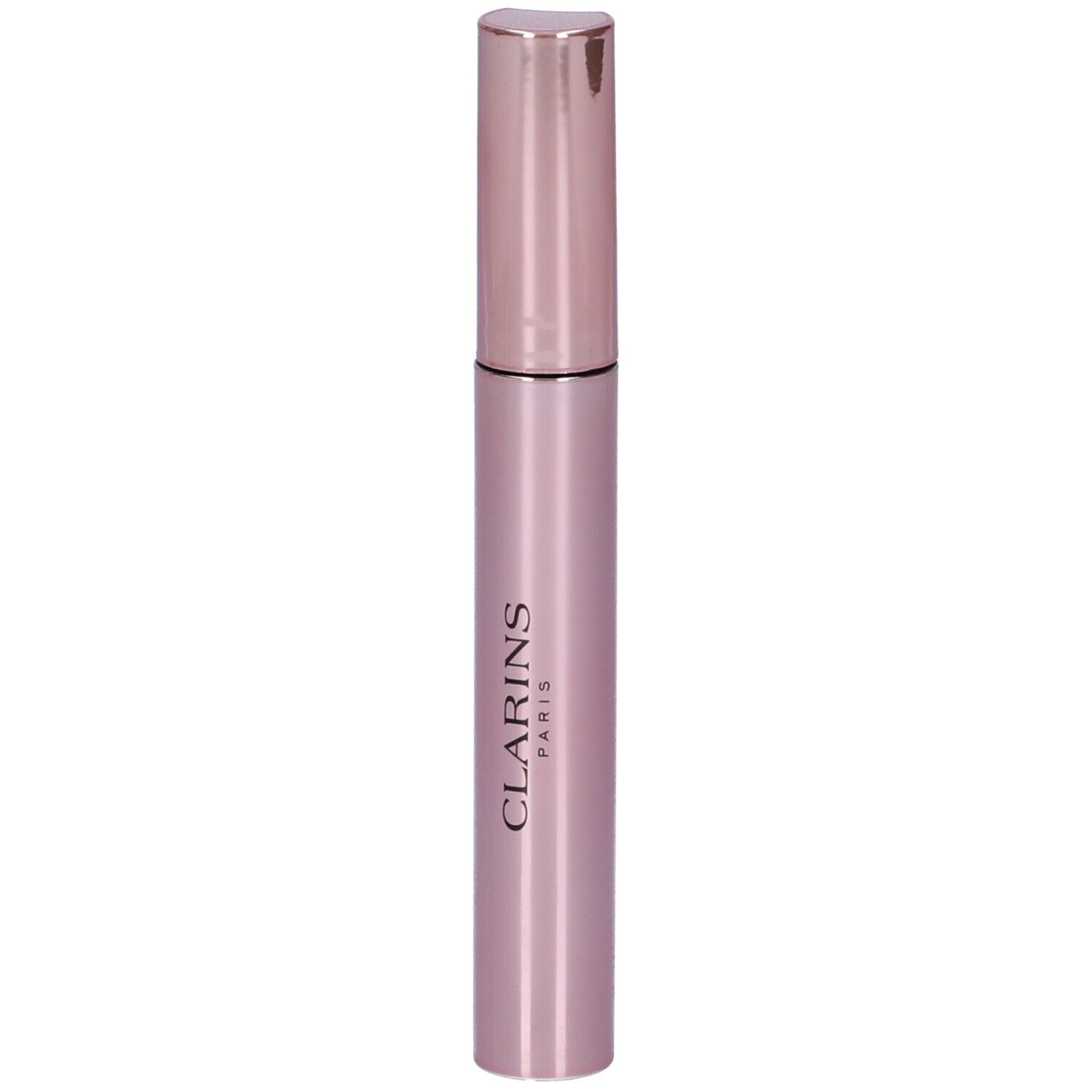 Tubo di mascara rosa con tappo color oro rosa. Scritta: Clarins Paris.