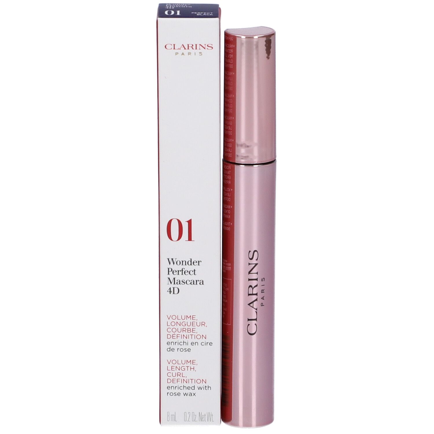 Tubo di mascara e confezione. Confezione: bianca con testo nero. Tubo: rosa con tappo oro rosa. Scritta: Clarins.