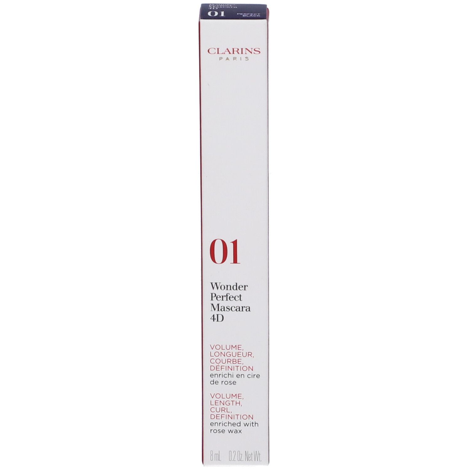 Confezione bianca e sottile con testo nero. Scritta: Clarins Wonder Perfect Mascara 4D.