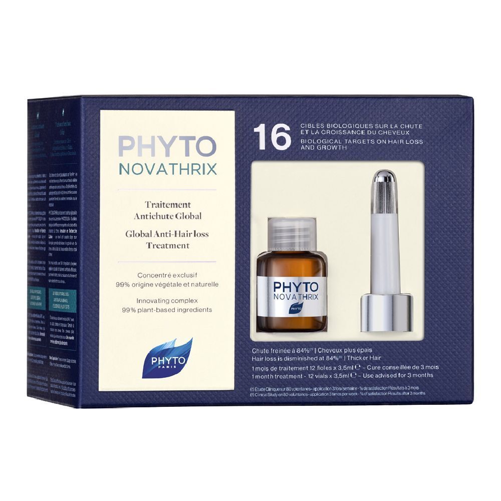 Boîte avec deux flacons et applicateur. Inscription: PHYTO NOVATHRIX, Traitement antichute global.