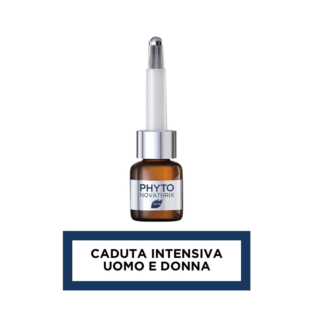 Flacon brun avec applicateur. Inscription: PHYTO NOVATHRIX. Texte: CADUTA INTENSIVA UOMO E DONNA.
