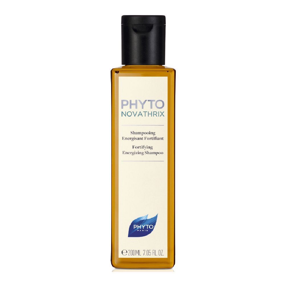 Flacone giallo con tappo nero. Scritta: PHYTO NOVATHRIX, Shampooing Energizzante Fortificante.