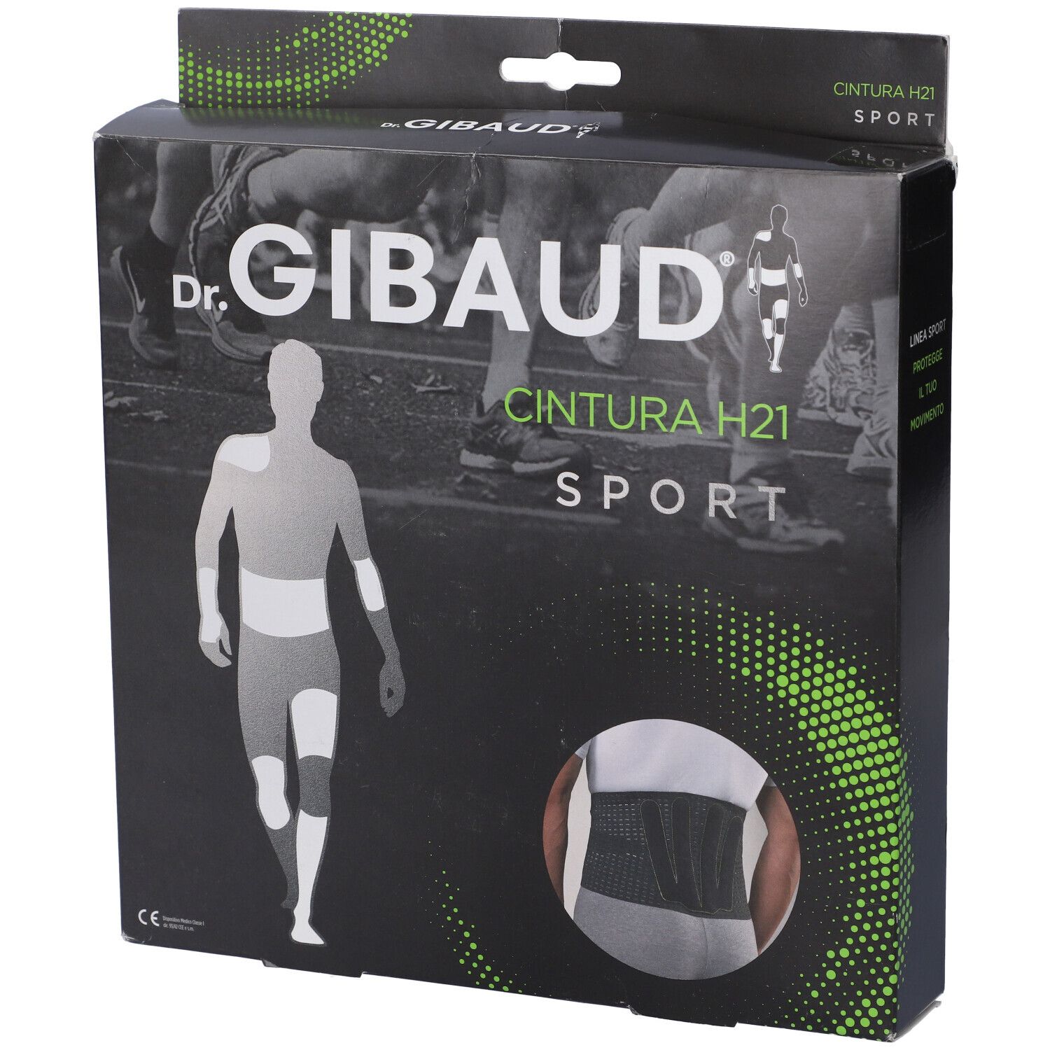 Confezione Dr. Gibaud Cintura H21 Sport. Scatola nera con immagine del prodotto e logo.