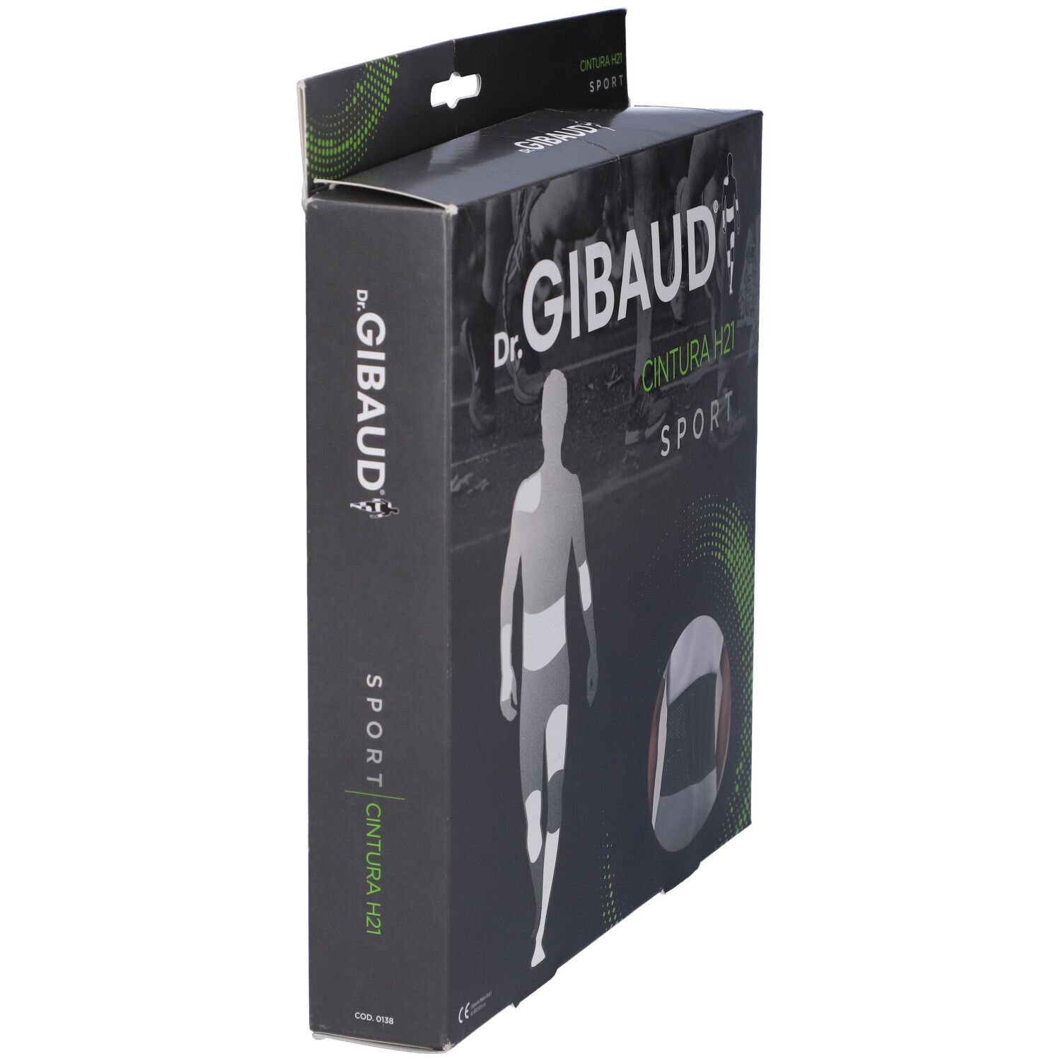 Vista laterale della confezione Dr. Gibaud Cintura H21 Sport. Scatola nera con logo.