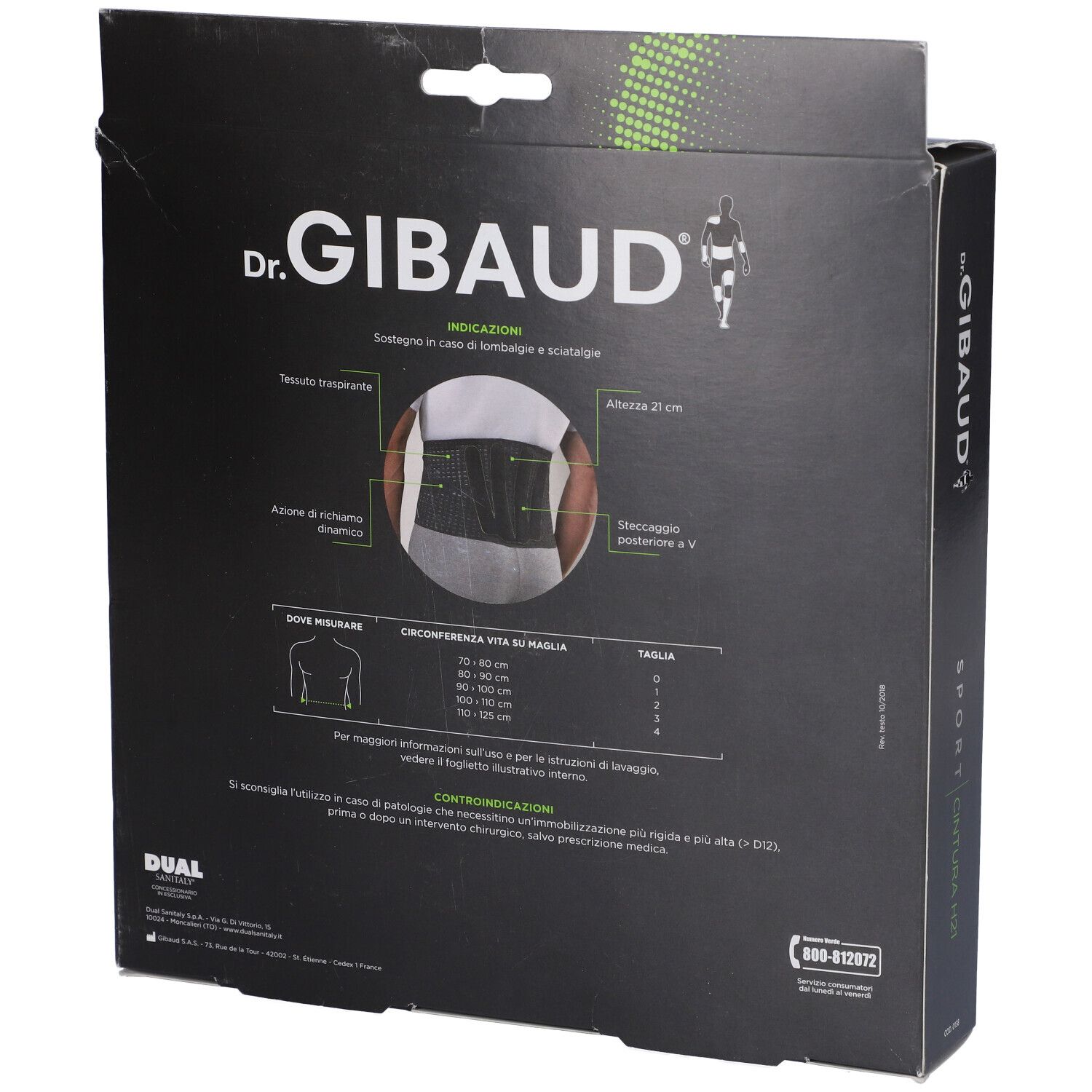 Retro della confezione Dr. Gibaud Cintura H21 Sport. Informazioni e immagine del prodotto.