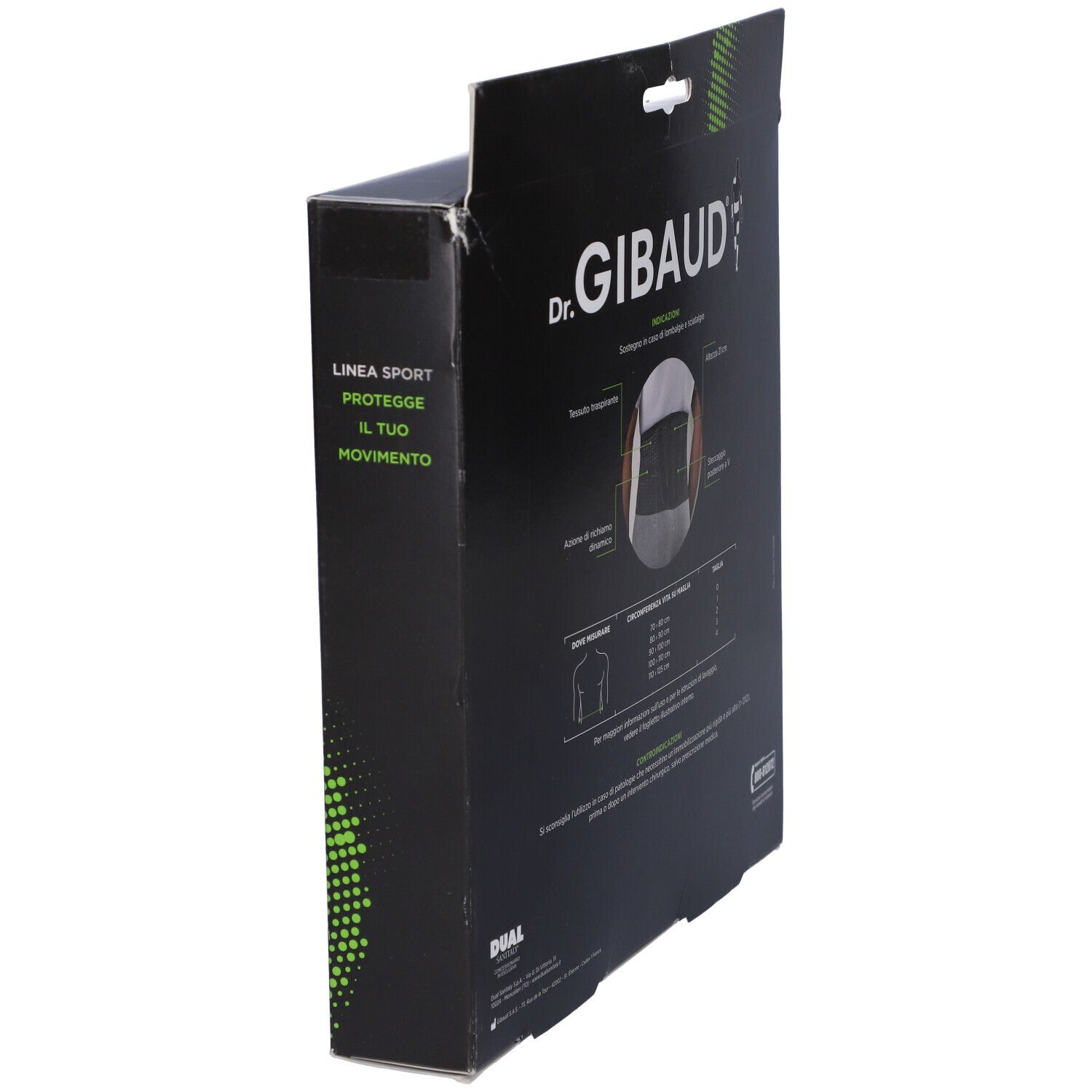 Vista laterale della confezione Dr. Gibaud Cintura H21 Sport. Scatola nera con testo.