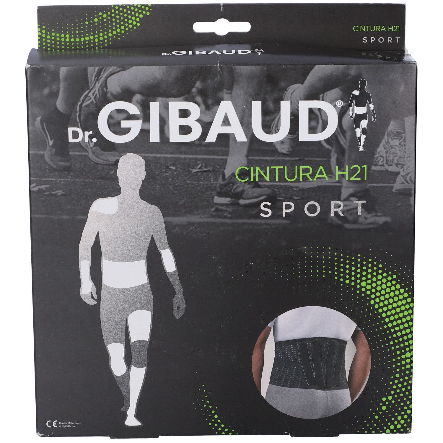 Confezione Dr. Gibaud Cintura H21 Sport. Scatola nera con immagine del prodotto e logo.