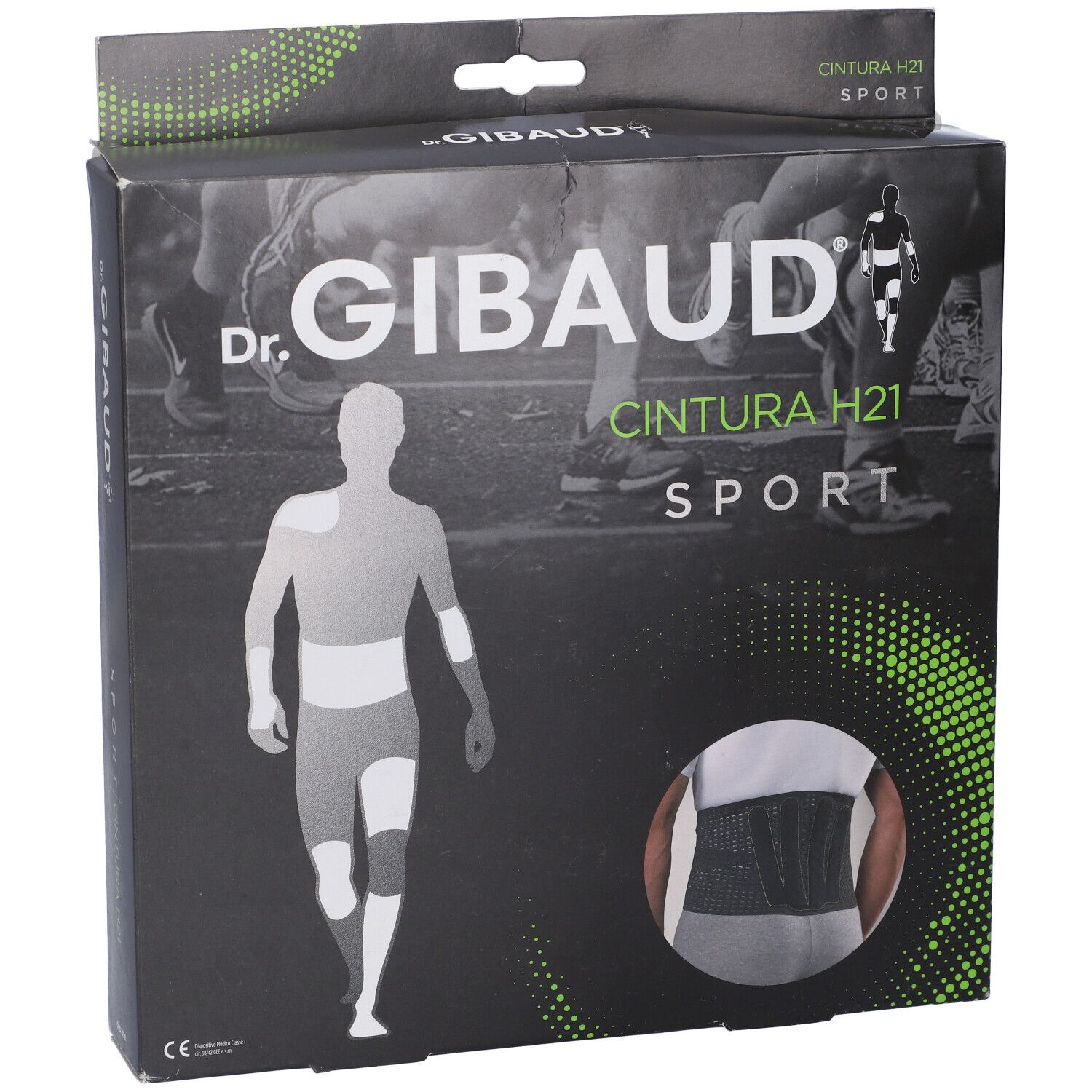Confezione Dr. Gibaud Cintura H21 Sport. Scatola nera con immagine del prodotto e logo.