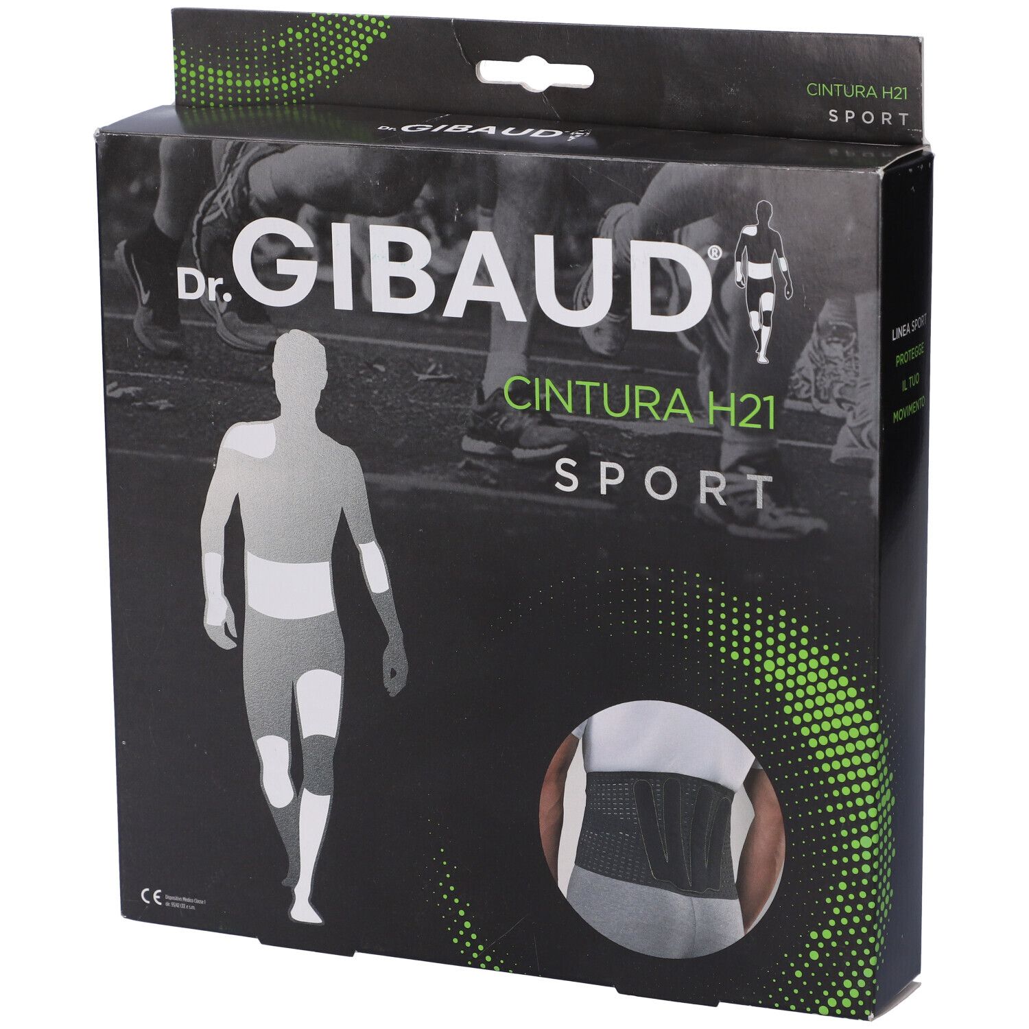 Confezione Dr. Gibaud Cintura H21 Sport. Scatola nera con immagine prodotto e logo.