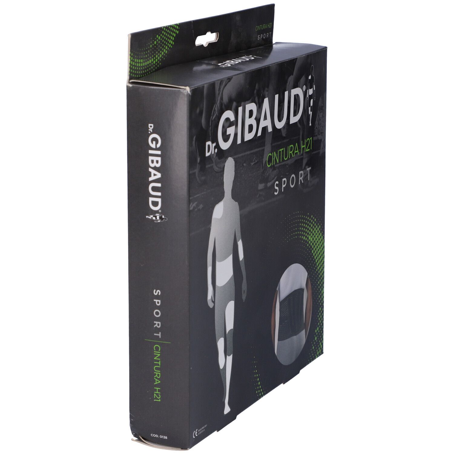 Vista laterale della confezione Dr. Gibaud Cintura H21 Sport. Scatola nera con logo e nome prodotto.