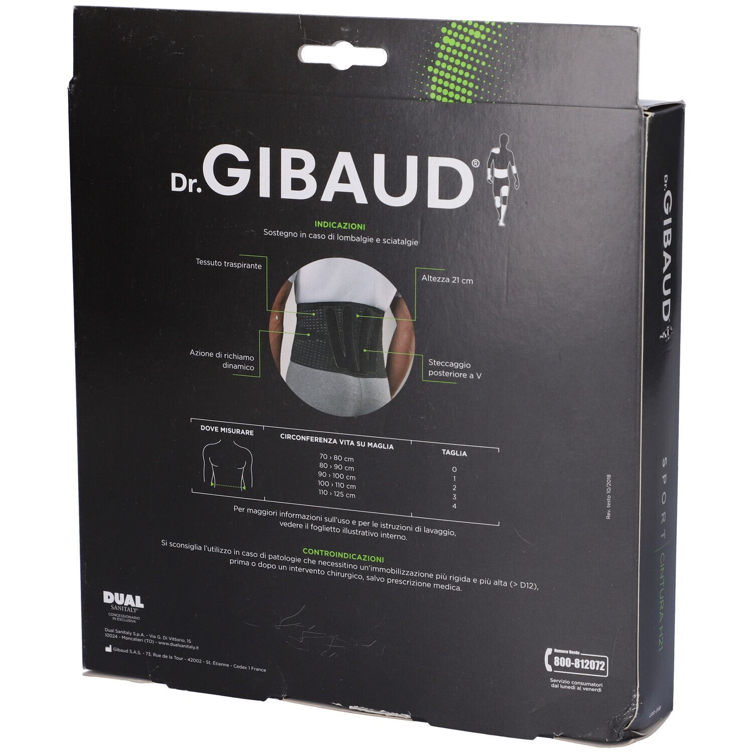 Retro della confezione Dr. Gibaud Cintura H21 Sport. Informazioni, tabella taglie e logo.