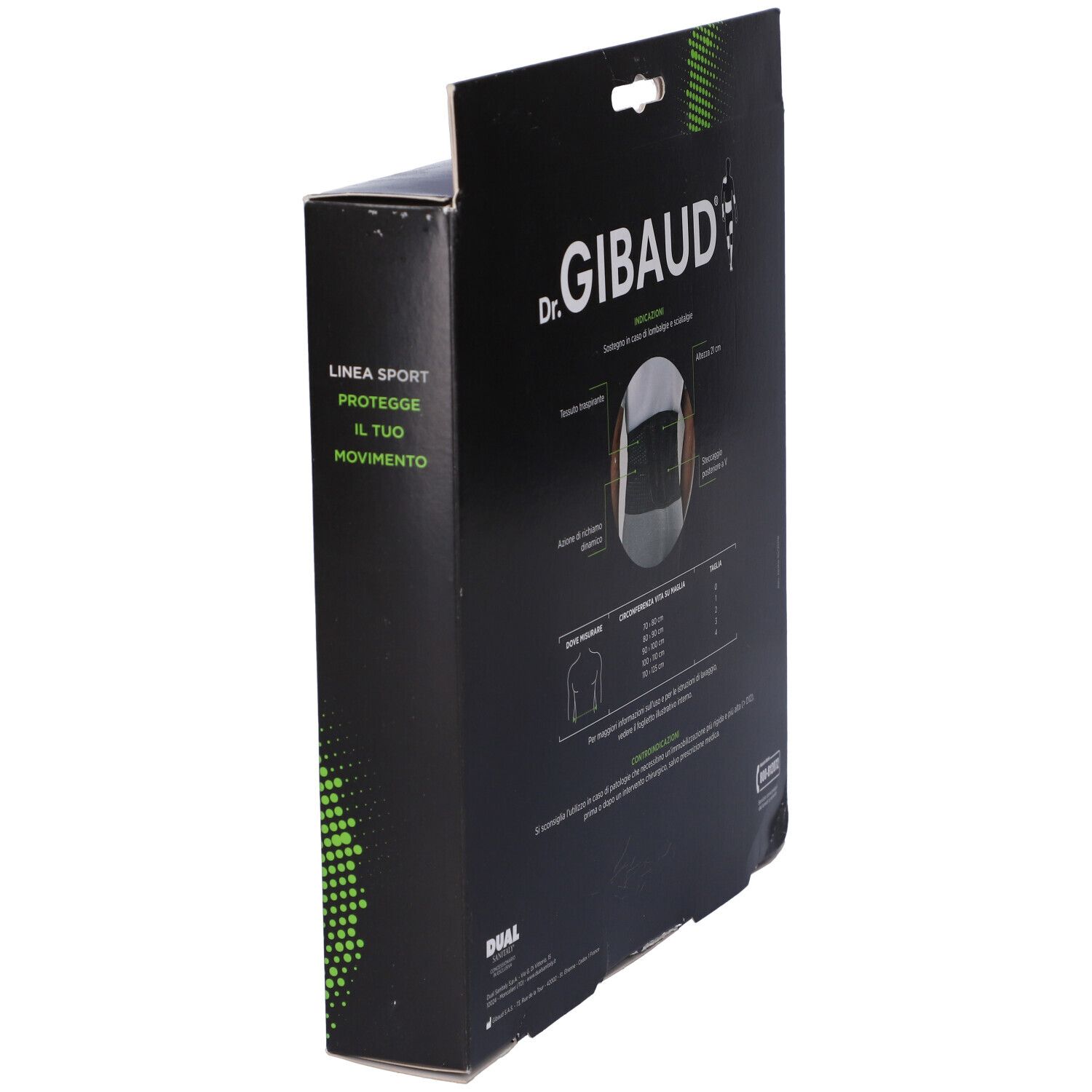Vista laterale della confezione Dr. Gibaud Cintura H21 Sport. Testo e logo su sfondo nero.
