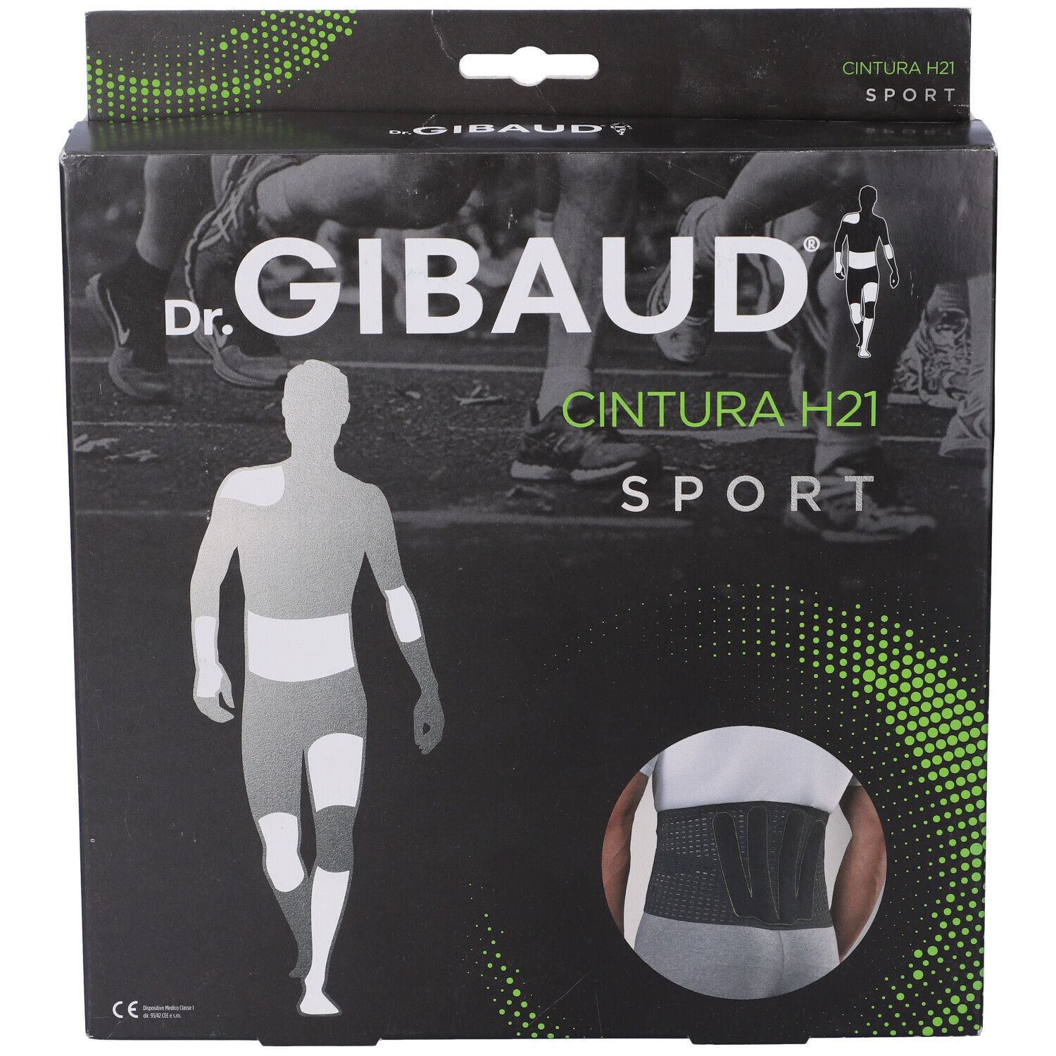 Confezione Dr. Gibaud Cintura H21 Sport. Scatola nera con immagine prodotto e logo.