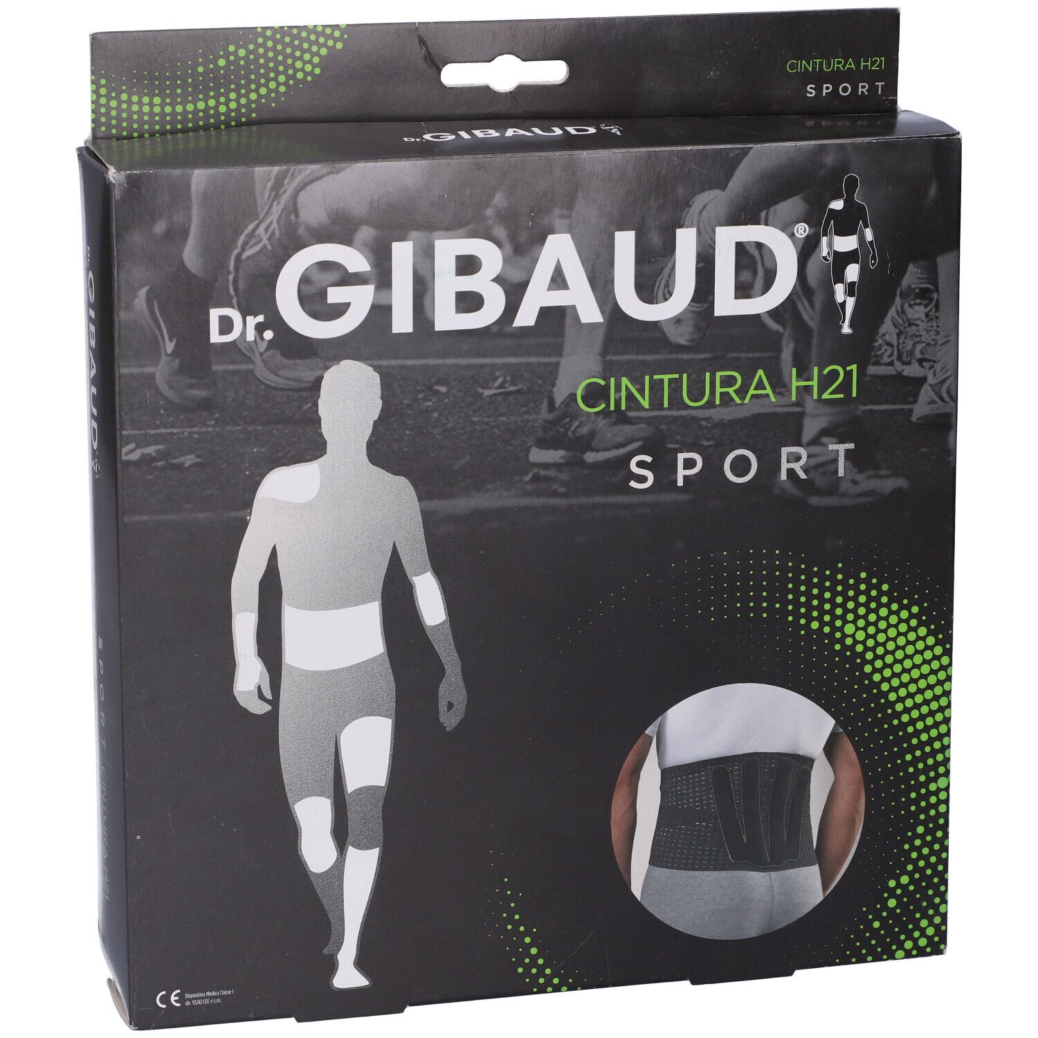 Confezione Dr. Gibaud Cintura H21 Sport. Scatola nera con immagine prodotto e logo.