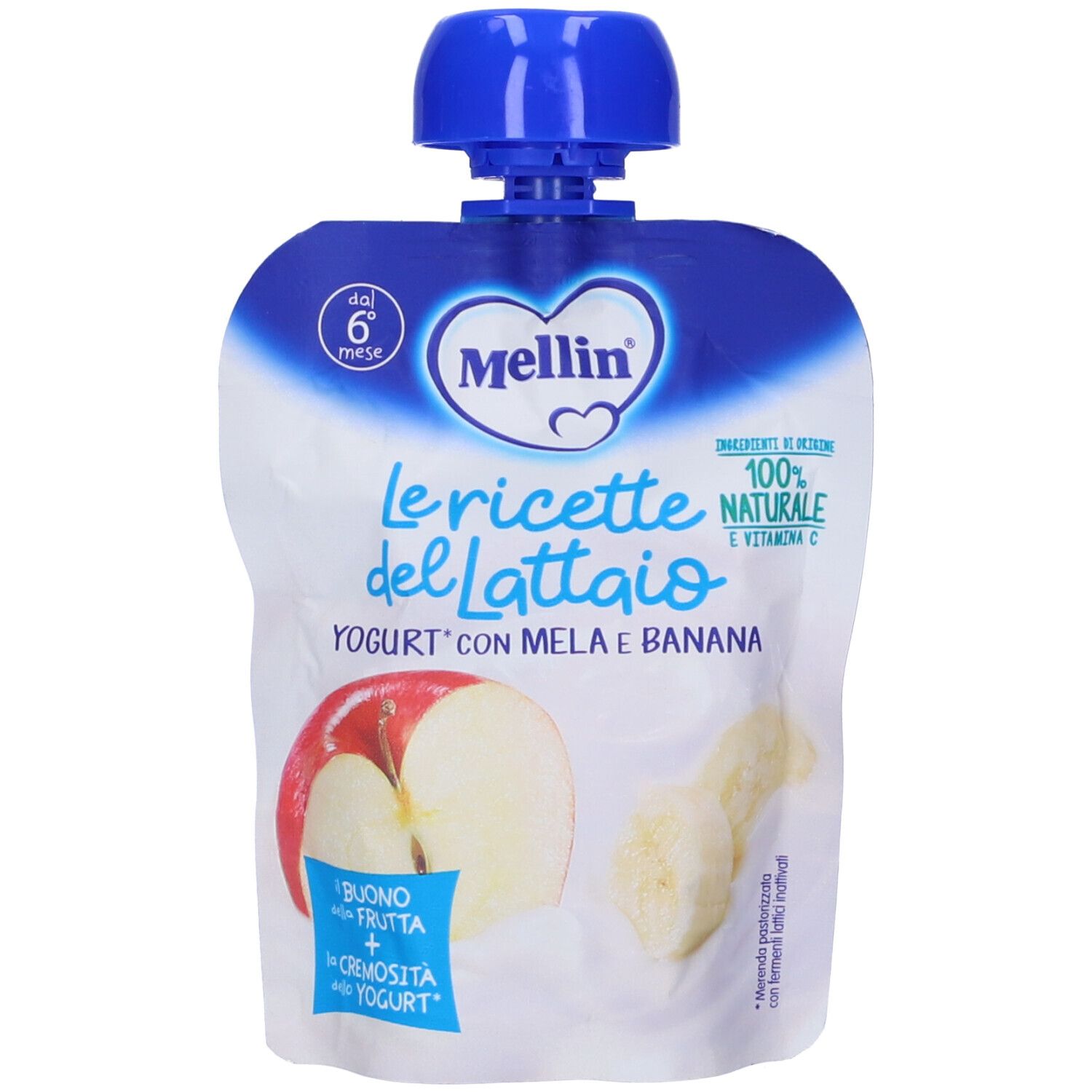 Busta bianca con tappo blu. Stampa: mela, banana, "Mellin", "Le ricette del Lattaio", "Yogurt con Mela e Banana".