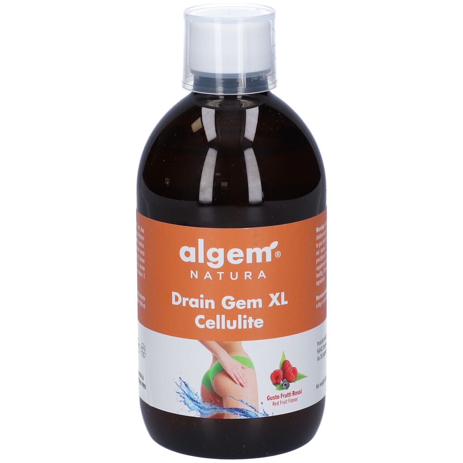 Algem Natura Drain Gem XL Cellulite. Bottiglia marrone con tappo bianco. Etichetta con testo e immagine.